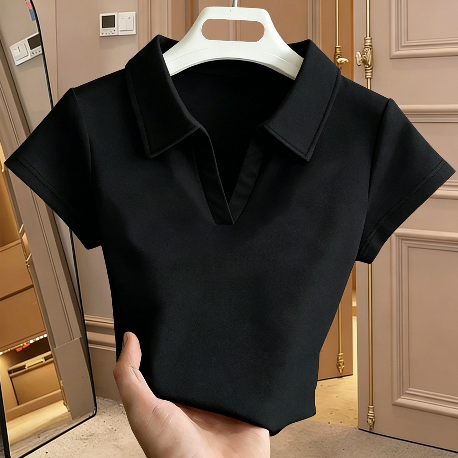 TEMU T-shirt élégant pour femmes, style , col et col en V, manches courtes, idéal pour les quotidiens, tenue de bureau, occasion formelle, haut