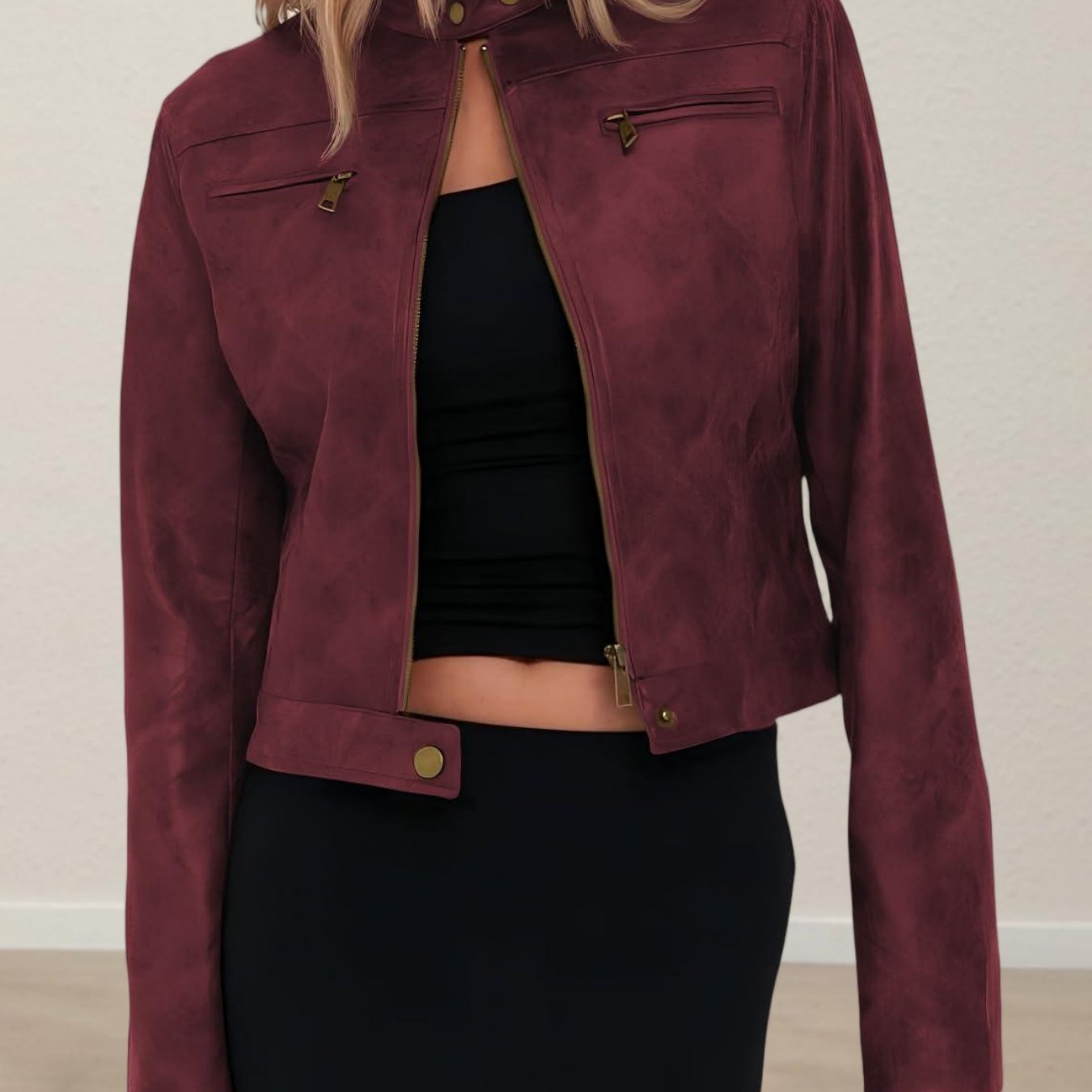 Women's Cropped Jackets Casual Vintage Zip Up Stand Collar Motorcycle Short Coat Jacket