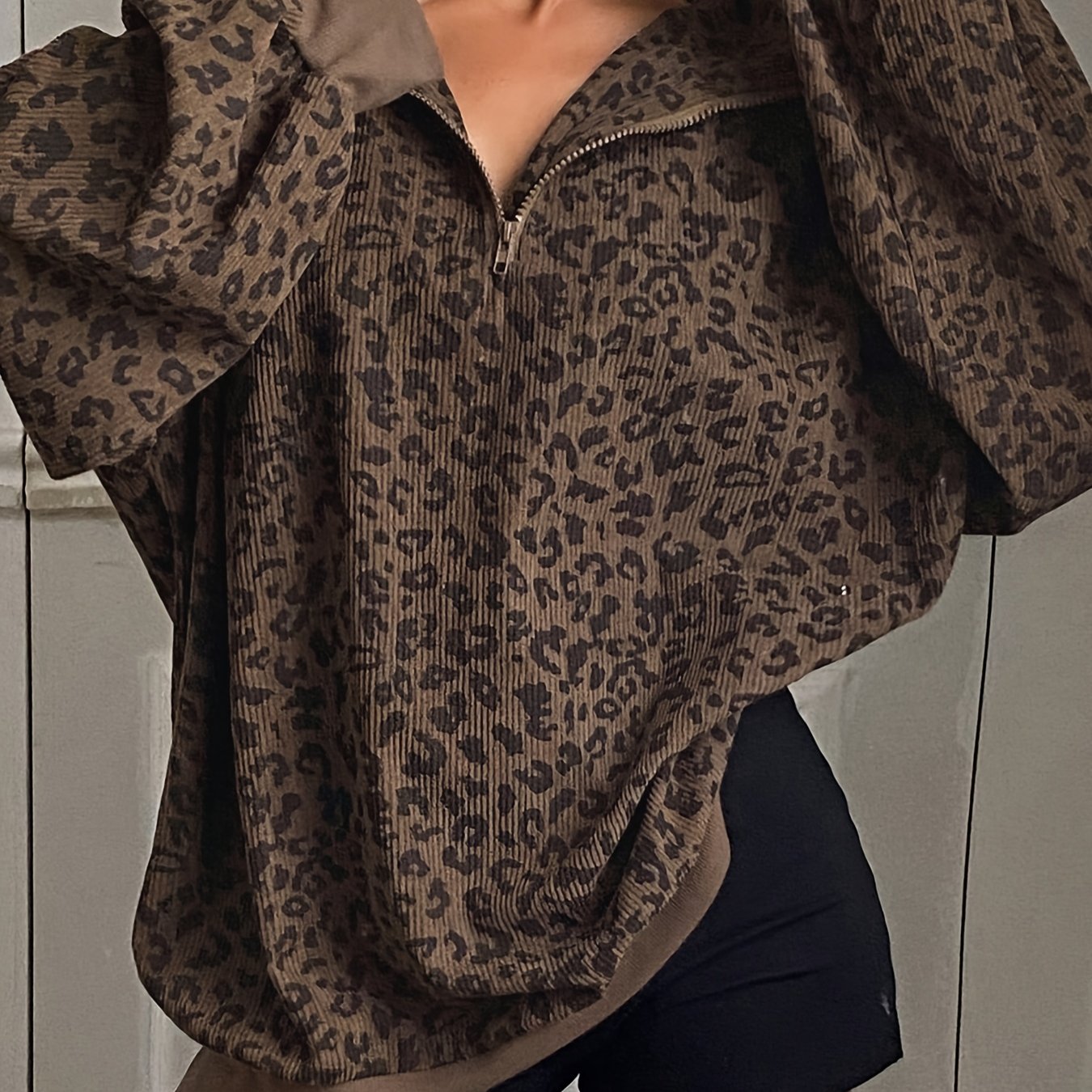 TEMU Women's Casual Leopard Print Zip-front Long Sleeve Sweatshirt, Loose Fit, Half-zip Design, Brown And Black Retro Style