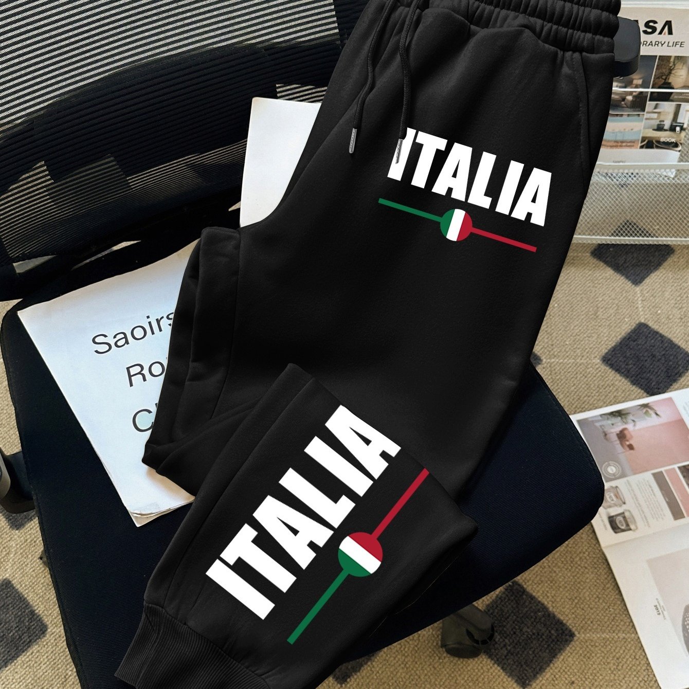 TEMU イタリアンレタープリント メンズカジュアルロングパンツ ドロー付きウエスト