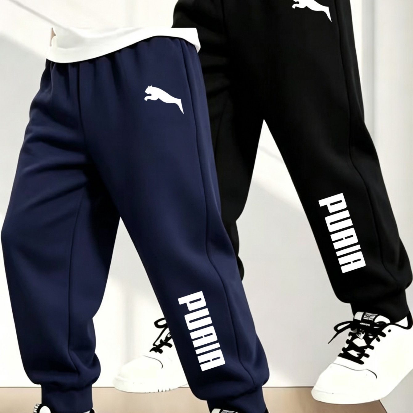 Image of Boys' Warm Long Pants, Autumn Winter New Casual Trousers, Leopard Silhouette Vertical Letter Print, Exquisite -friendly Fabric Unisex Sports Long Pants 2pcs Set, For Outdoor