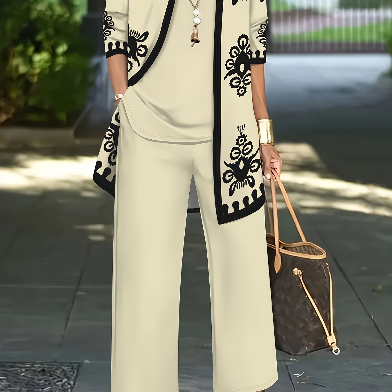 Image of 3pcs Women's Set: Ethnic Floral Print Cardigan With Vest Top And Elegant Casual Pants, Essential For Casual Attire