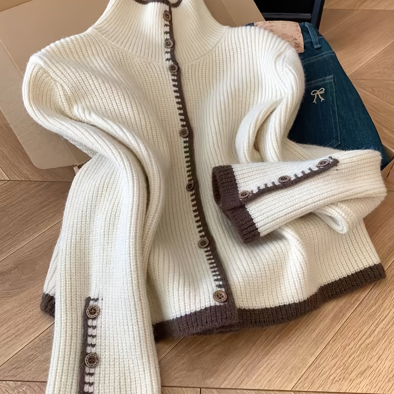 TEMU Cardigan vintage à et color-block pour femme, veste à manches longues boutonnée et côtelée pour , et l'hiver