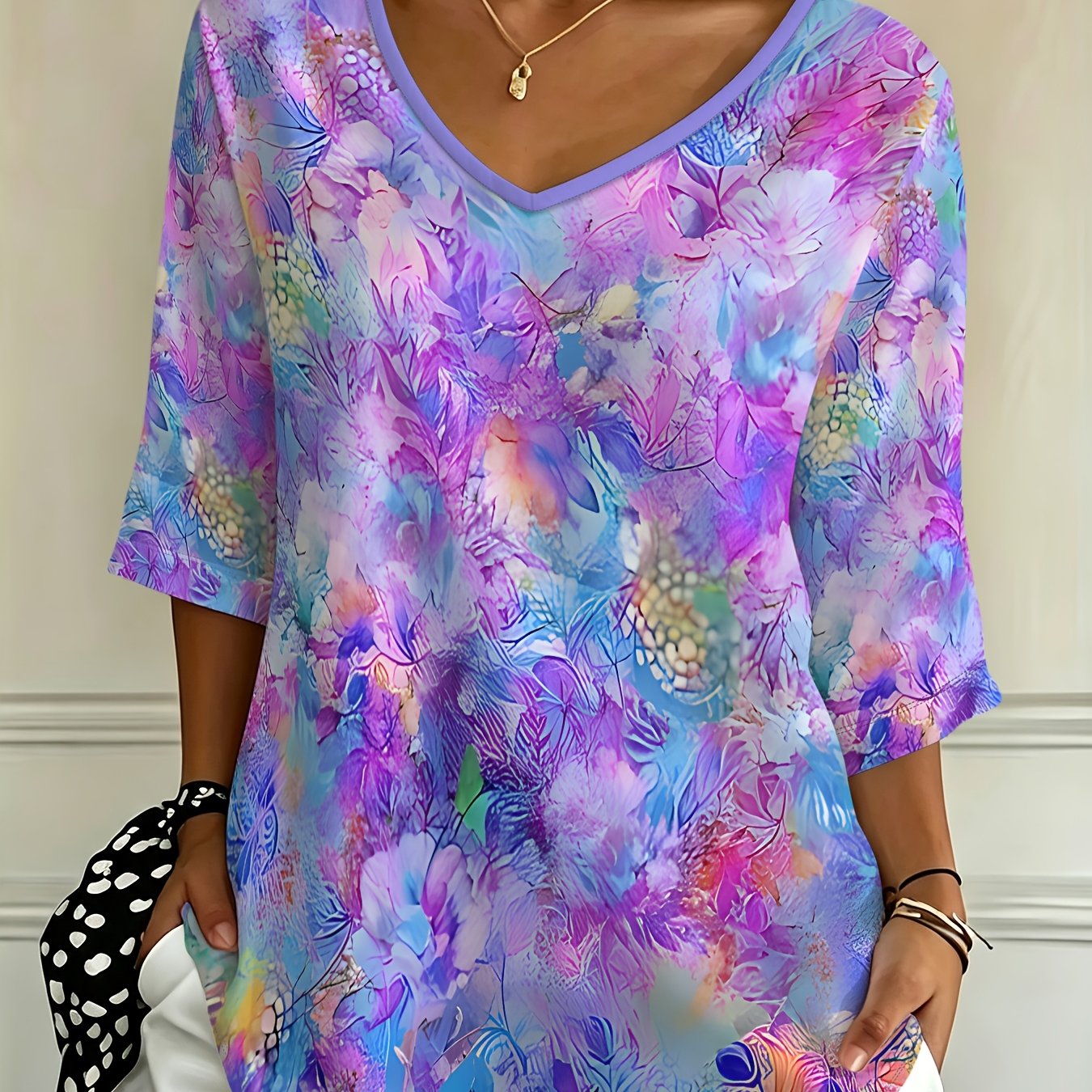 TEMU Plus Size, New Fashionable Women's Loose Size Watercolor Floral -quarter Sleeve V-neck T-shirt Top For Casual Vacation