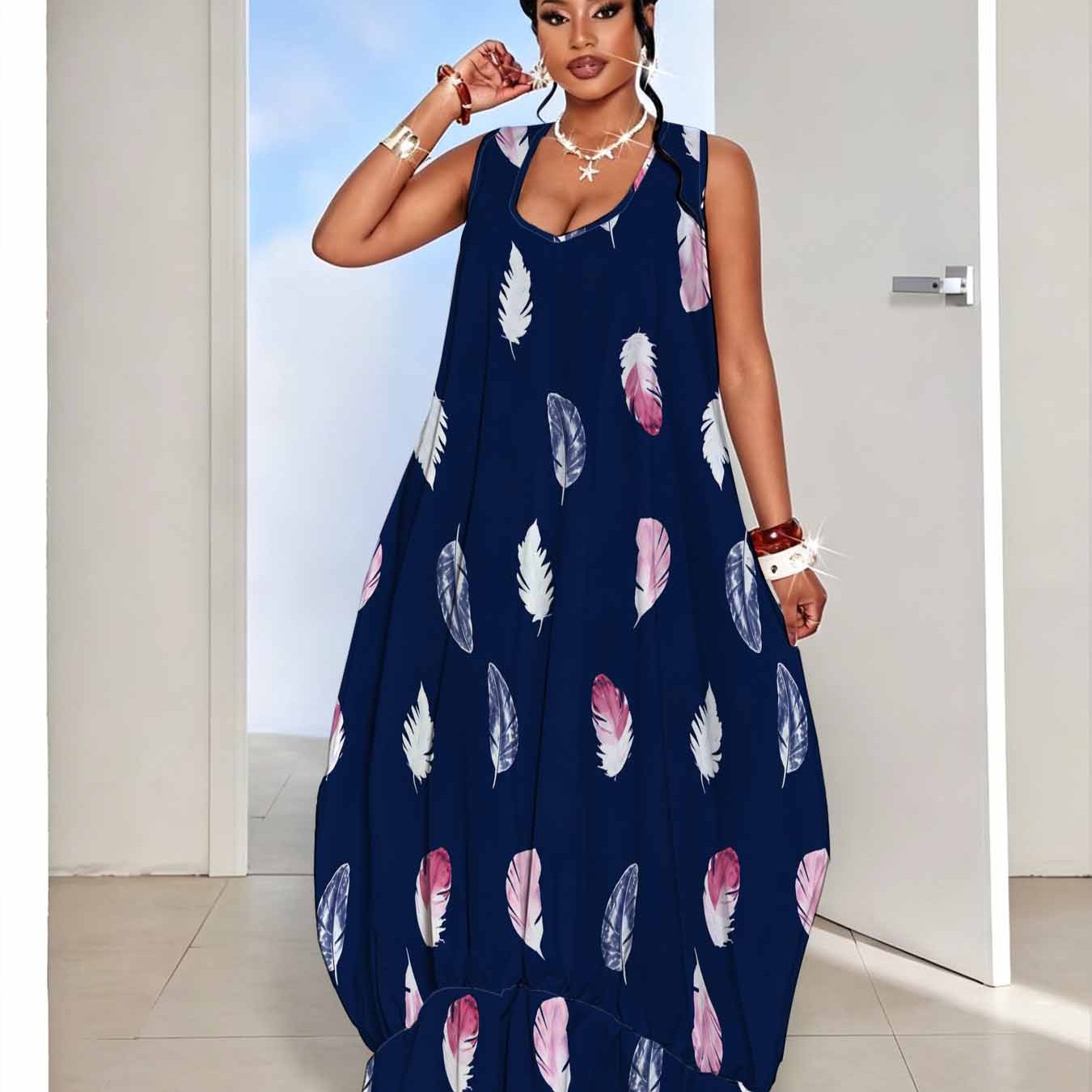 Image of Plus Size Print Dress, Women's Sleeveless Off-shoulder Loose Long Dress With Hem. Loose. Colorful. Elegant Vintage Retro Style Beach Party Breathable Soft Dress
