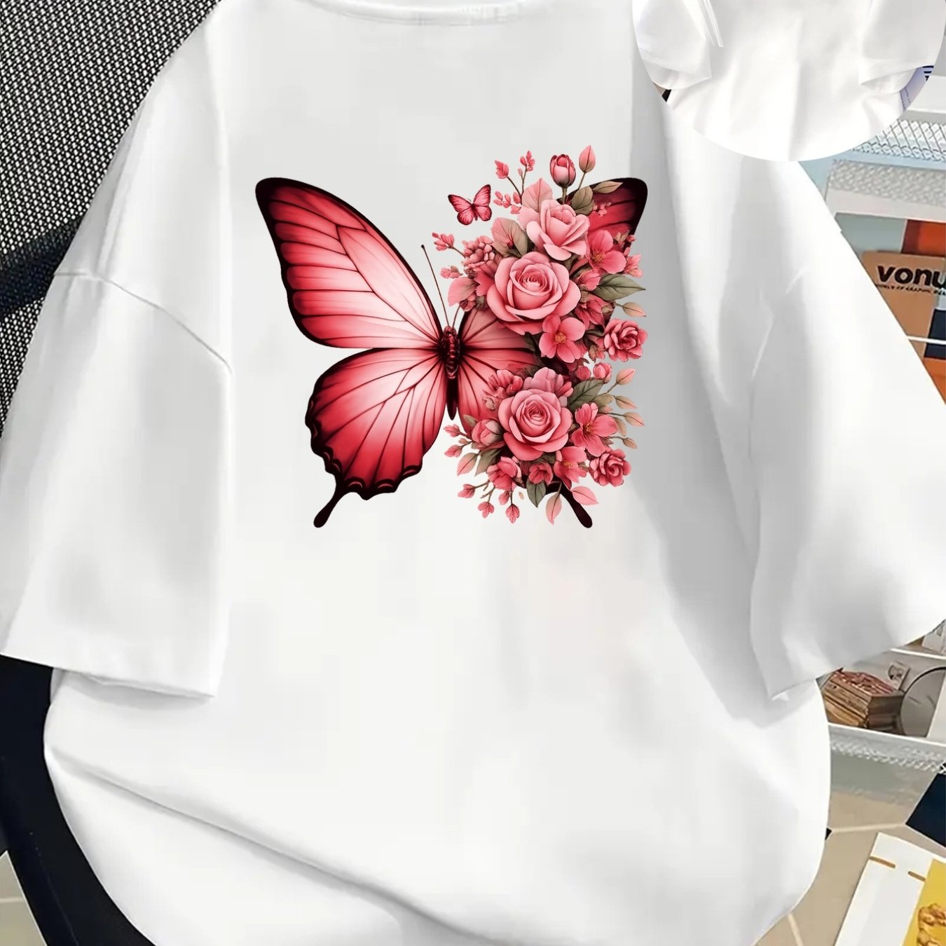 TEMU Pink , Rose Bouquet Print Tshirt Short Sleeve Crew Neck Casual Top For , Women's Clothing