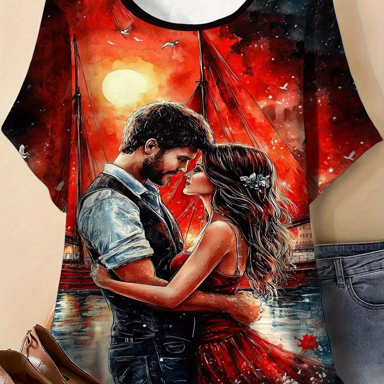 TEMU Plus Size - Plus Size - Ladies' Couple Graphic Printed T-shirt - Casual Short-sleeve Round Neck Top, Featuring Retro Pop Art Design, Breathable