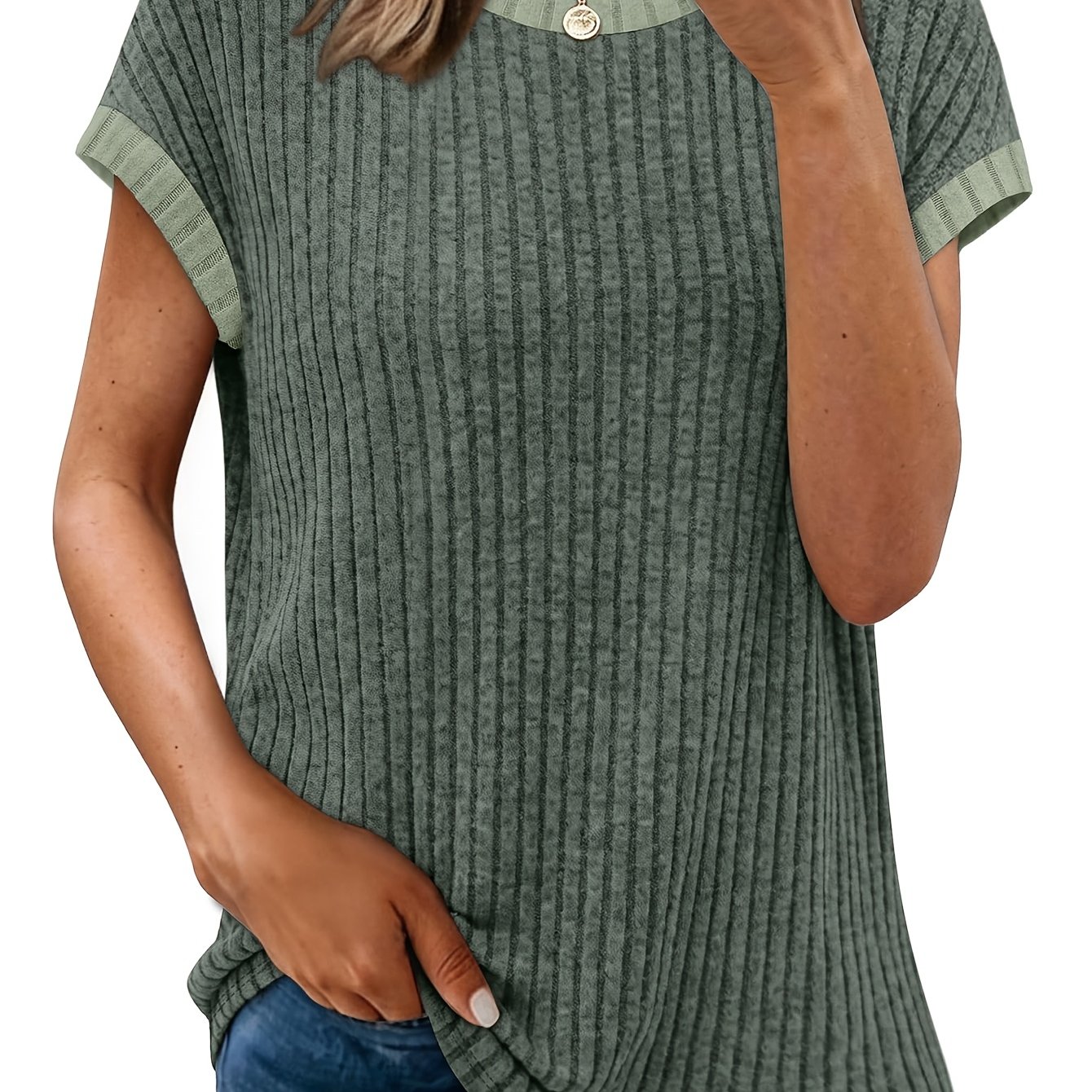 TEMU Women's Comfortable Top Fashion Shirt Loose Lightweight Round Neck Short Sleeve T-shirt Elegant Color Block Pullover