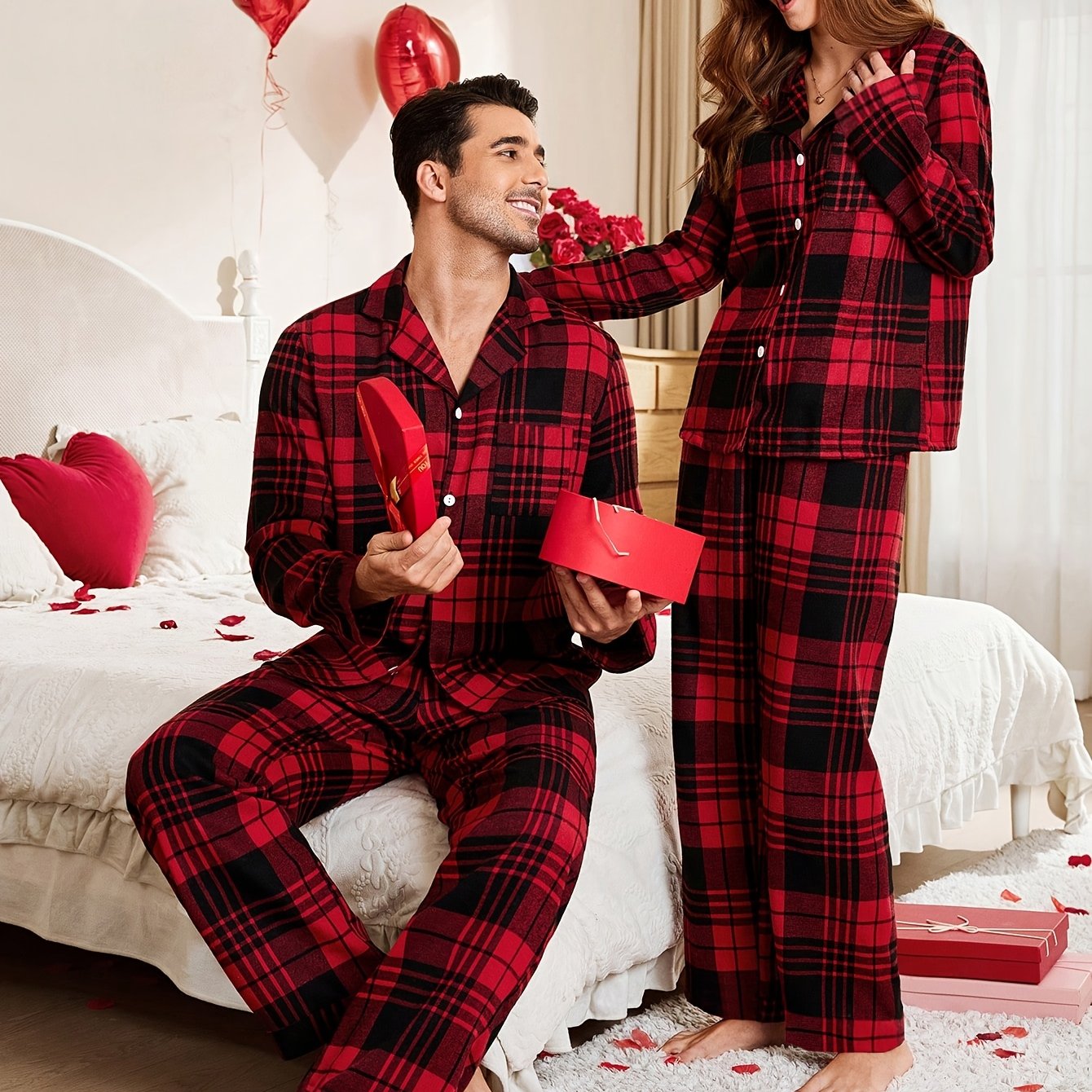 TEMU Conjunto de Pijama Estilo Pareja para Hombres/Mujeres, para Él o Ella, Estampado de Cuadros para Todas , Conjunto de Larga y Pantalón Largo, 1