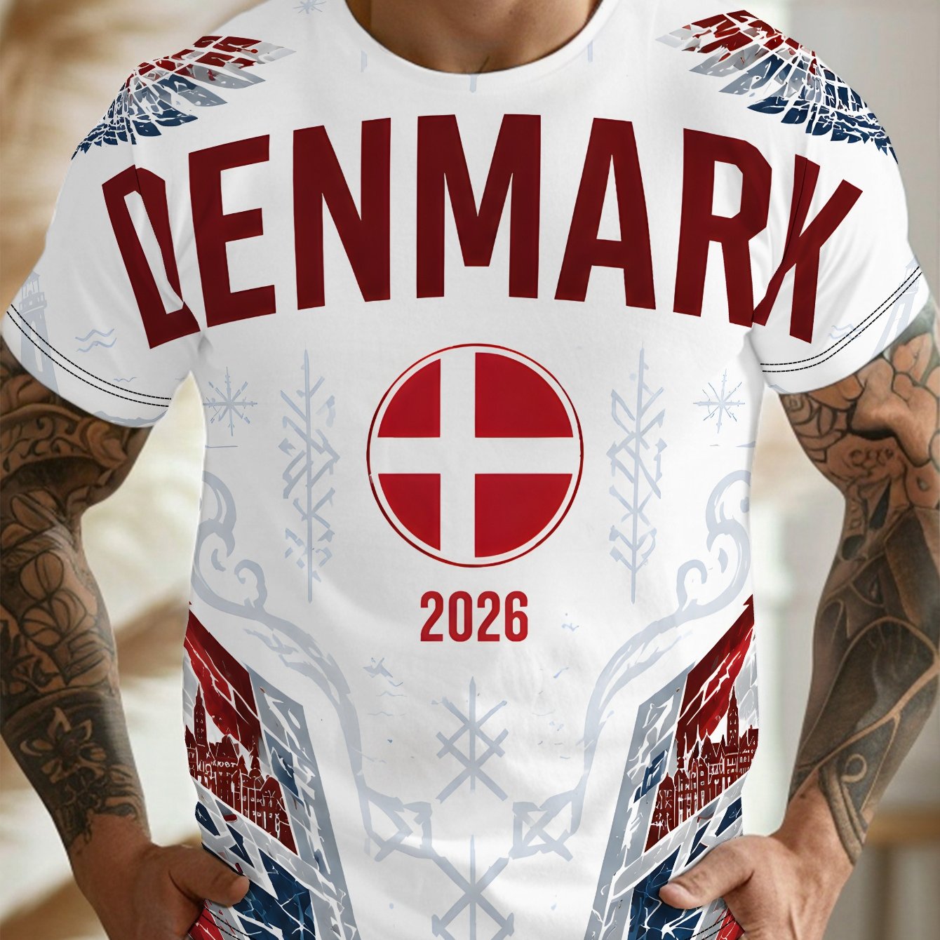 TEMU Denmark Nordic Men's Casual Graphic Print Short Sleeve T-shirt, Round Neck, Comfortable And Breathable, Fashionable For Summer Beach, Vacation,