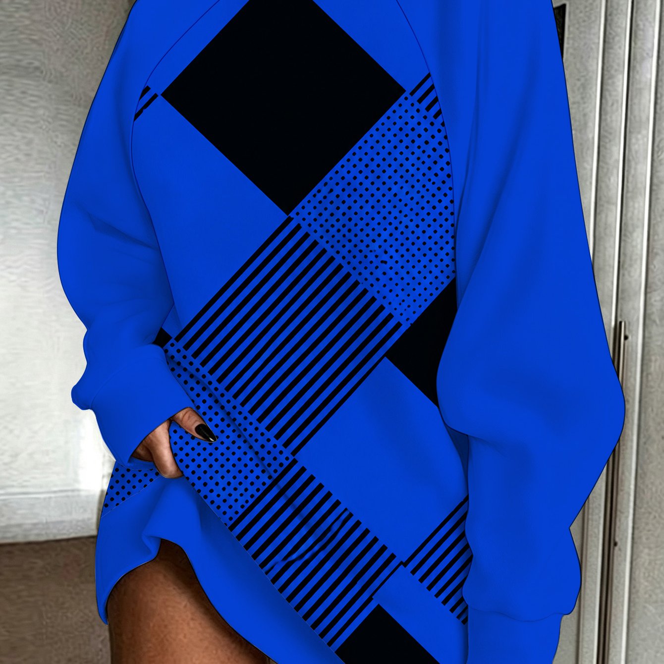 TEMU Blue Geometric Abstract Pattern Womens Printed Sweatshirt Medium Long Length Office Casual Wear