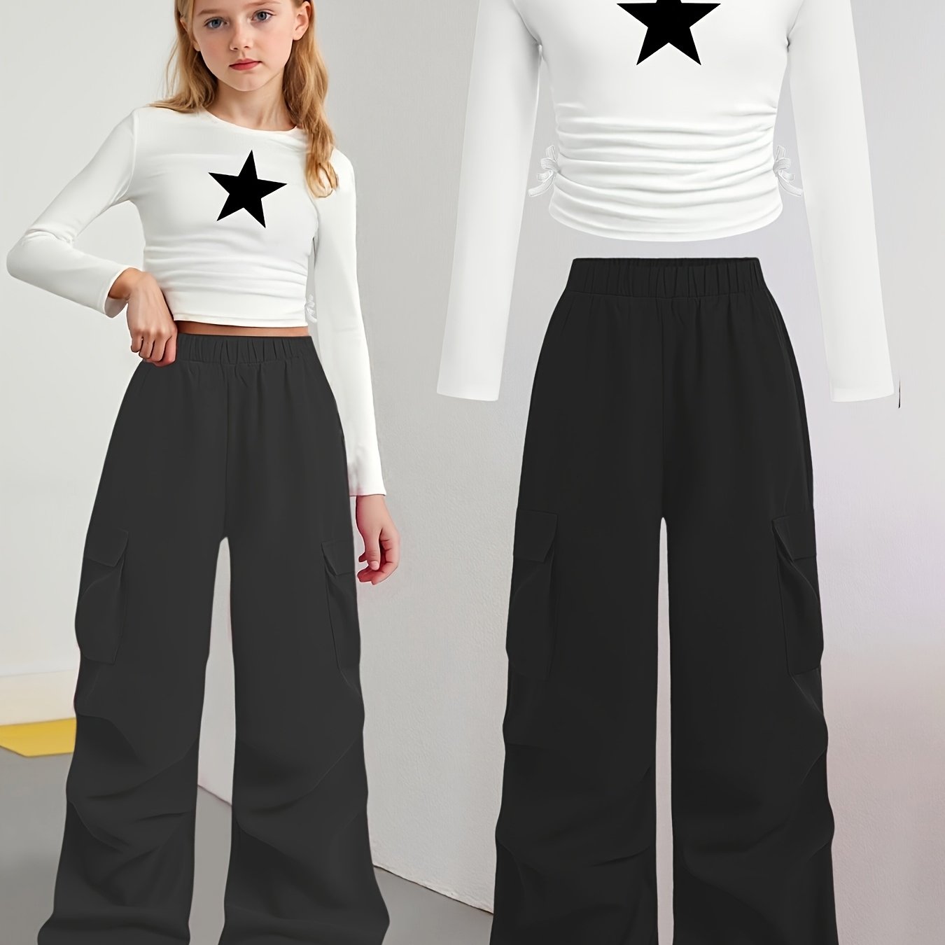 Image of New [2pcs Set] Pentagram Print Pattern And 2pcs Girls' Fashion Casual Round Neck Long Sleeve Slim T-shirt And Wide Leg Pants Fashion Outfit, Autumn, For Outdoor