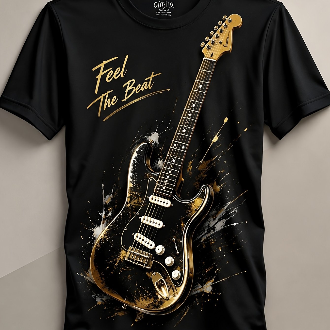 Image of Men's Short Sleeve Crew Neck T-shirt, Electric Guitar Graphic With Script, Streetwear Style For Music Festival And Daily Wear