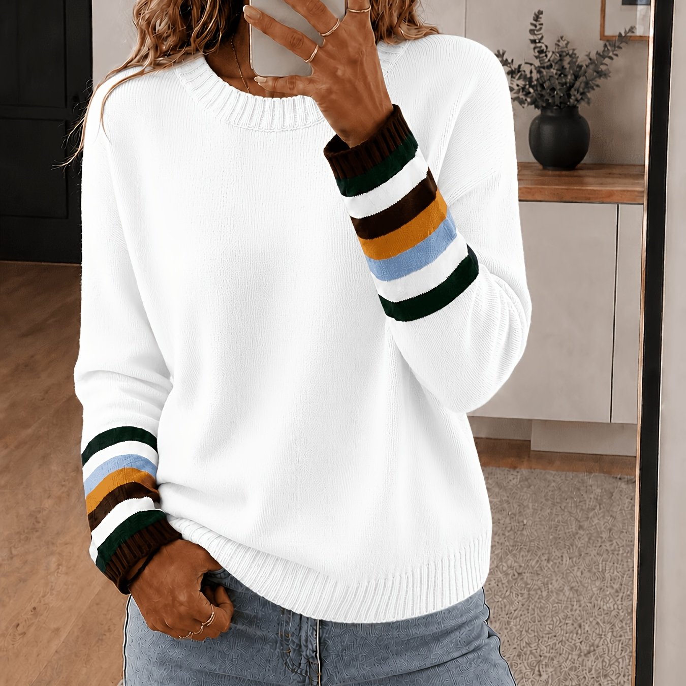 TEMU Women's Pullover Sweater Autumn Winter Street Style Round Neck Stripe Long Sleeve New Must-have