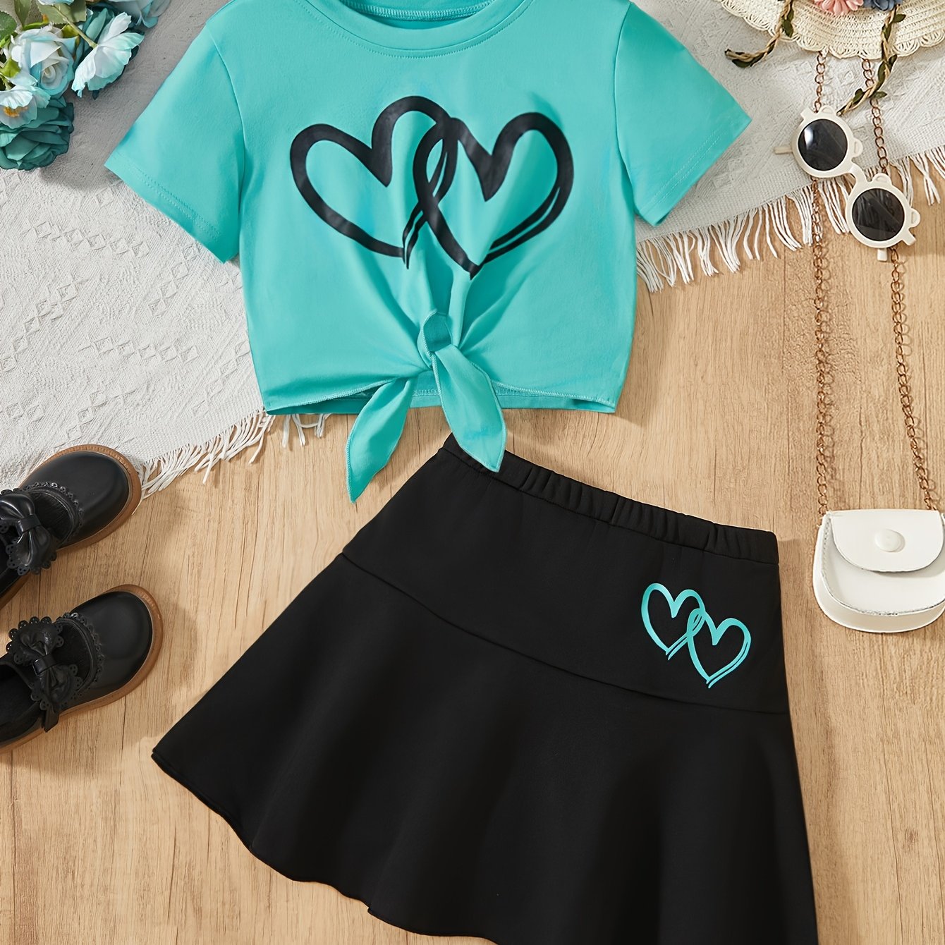 Image of Girls' Youth Athletic Skort And Heart Bunny Ear T-shirt 2pcs Set
