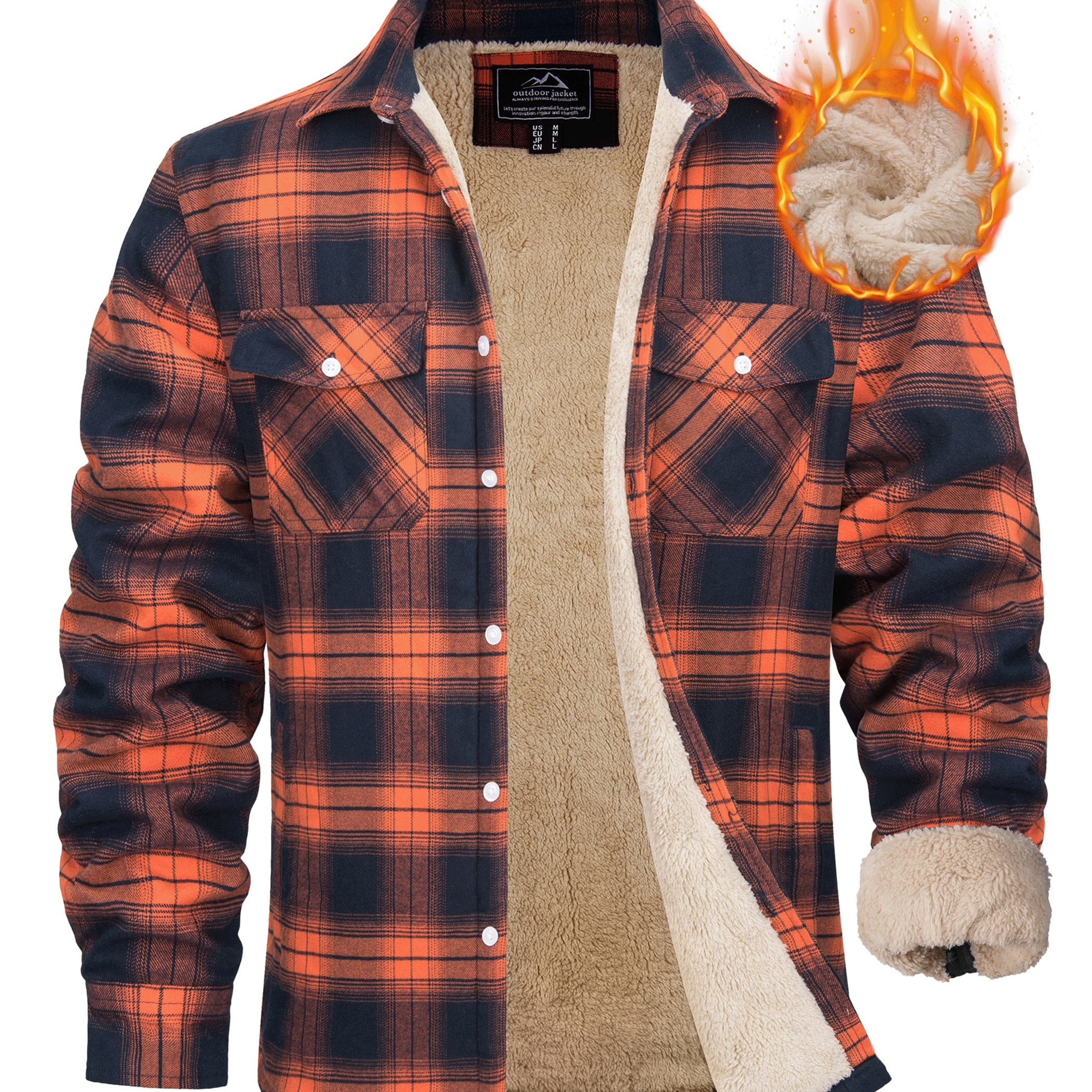 Image of Men's Flannel Shirt Jacket Winter Fleece Lined Warm Coats Thermal Sherpa Lining Outdoor Jackets Hiking Camping Fishing Climbing Jogging Traveling
