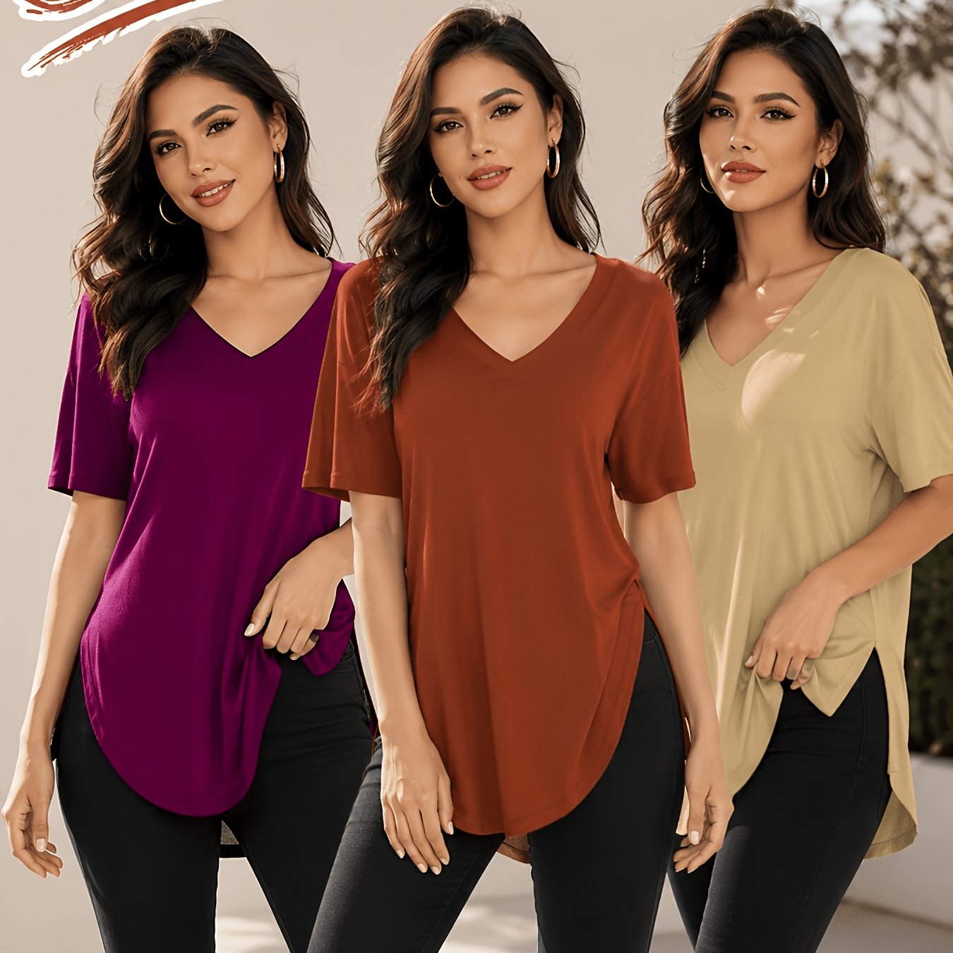 TEMU 3-pack Women's V-neck Split-sleeve T-shirts In Size S. Loose And Breathable, Casual Wear, Beach Vacations, And