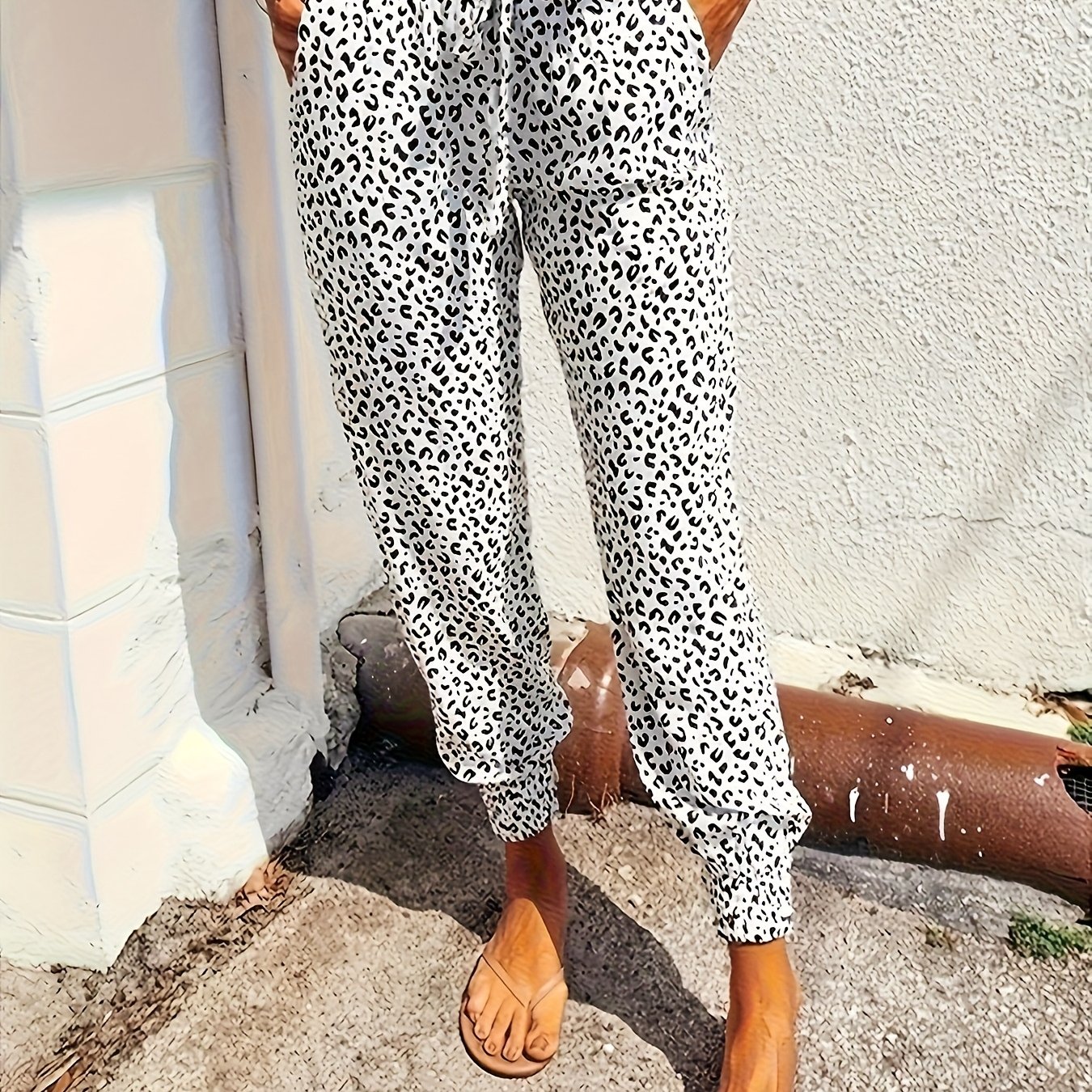 Printed Leopard Print Medium-stretch Waist Pocket Straight Leg Pants, Drawstring Fall Winter Joggers Trousers, Women's Clothing