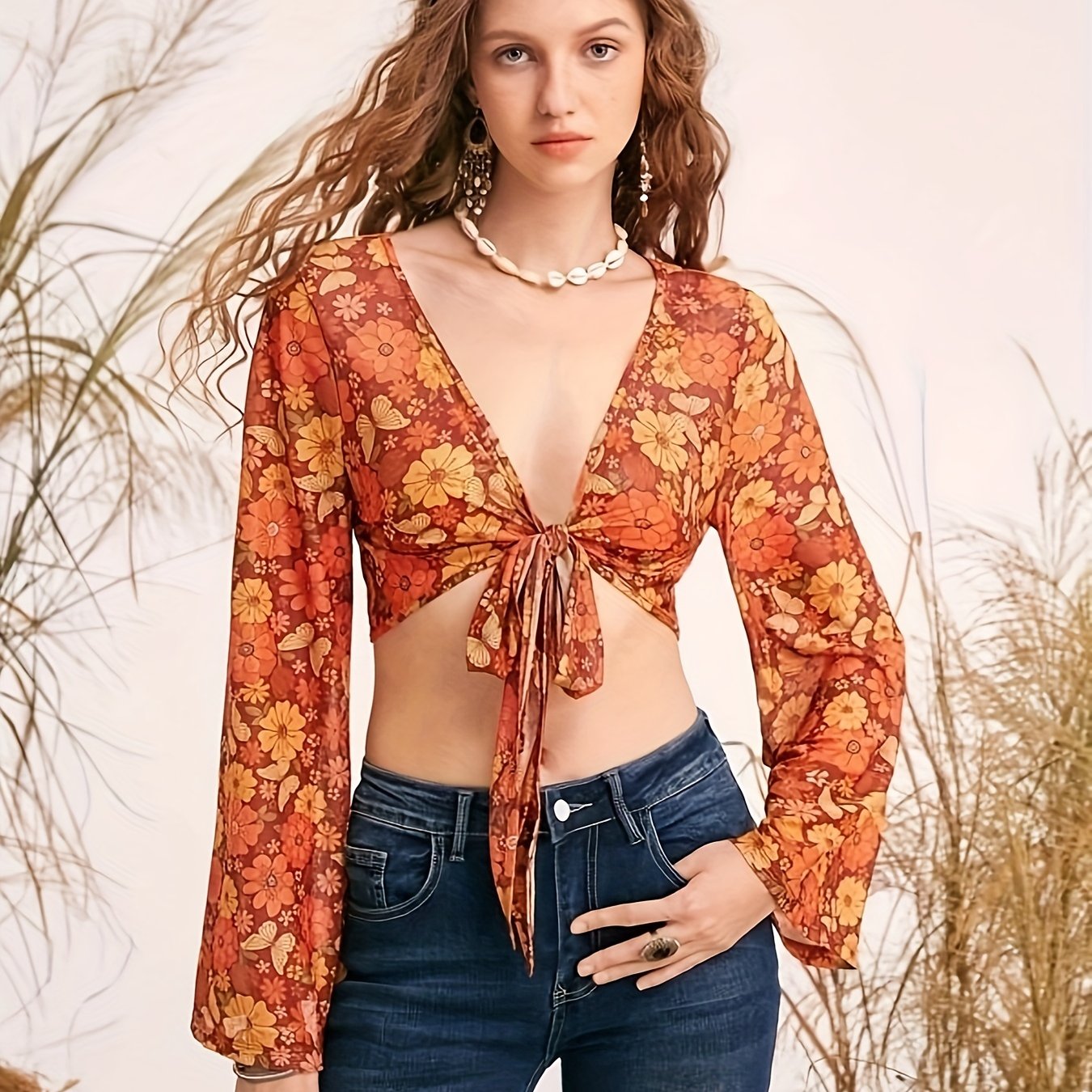 Women's Andquot;FashionAndquot; Print Detail Long Sleeve Crop Top