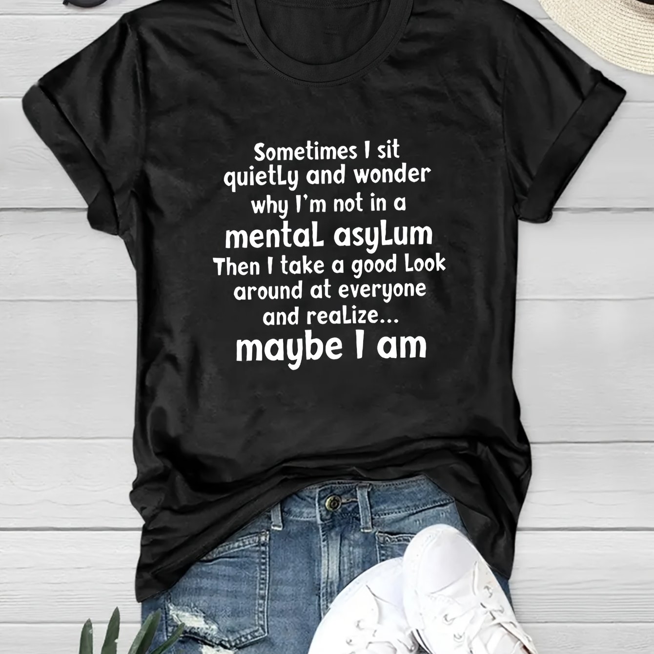 TEMU Women's Funny Quote T-shirt, Polyester Knit Fabric, Crew Neck Short Sleeve Top, Regular Fit, Summer Casual Wear, Humorous Alphabet Print Tee