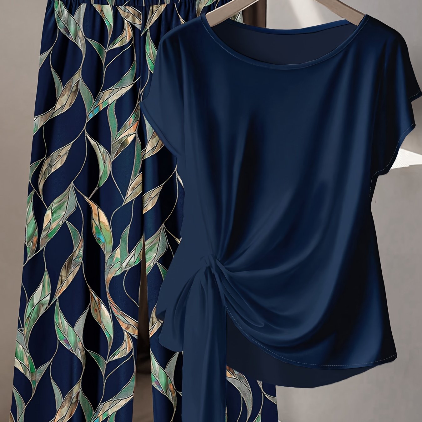 TEMU Elegant Fashion Summer Women' Round Neck Asymmetrical Tie-belt Temperament Short Sleeve T-shirt And Contrast Print Elastic Loose Long Pants