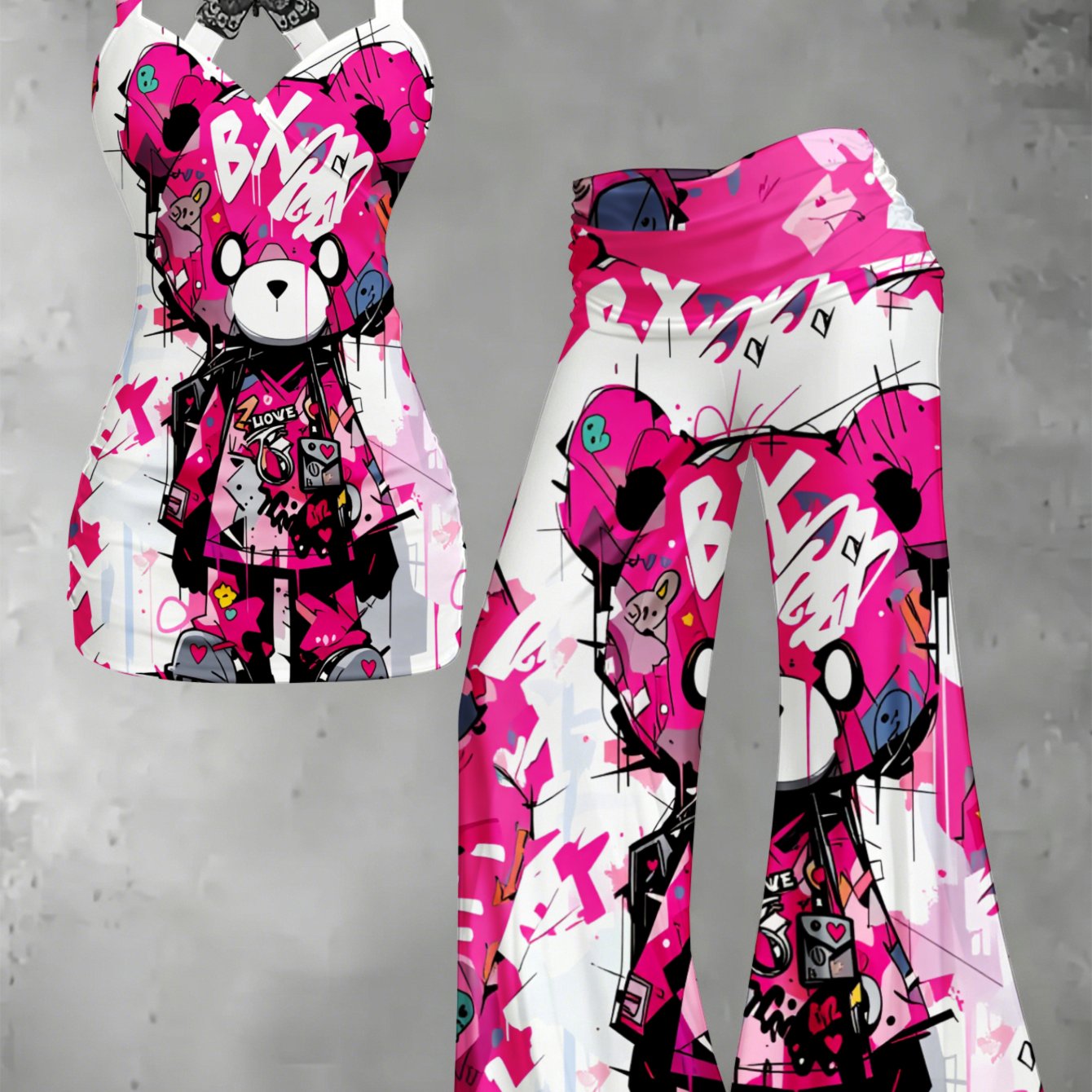 Image of Bowknot Strap Top And Long Pants Set For Women, S-2xl Sizes Pink Bear Graffiti Trendy And Versatile Round Splicing Camisole And Flared Pants Set Gifts For Girlfriends And