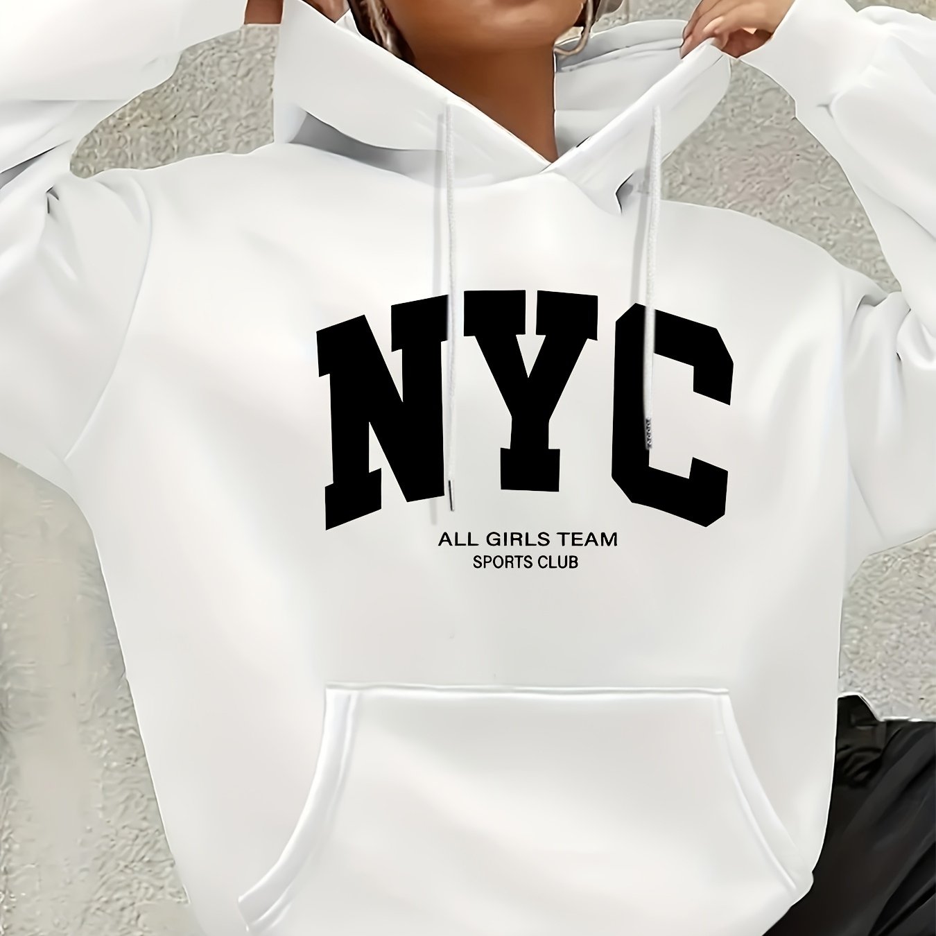 Women's Oversized Retro Nyc Hoodie With Kangaroo Pocket & Club Letter Print - Long Sleeve Hooded Suitable For Fall/winter, Casual Dress Shirt For Daily Wear, Machine Washable Nyc-themed Outerwear