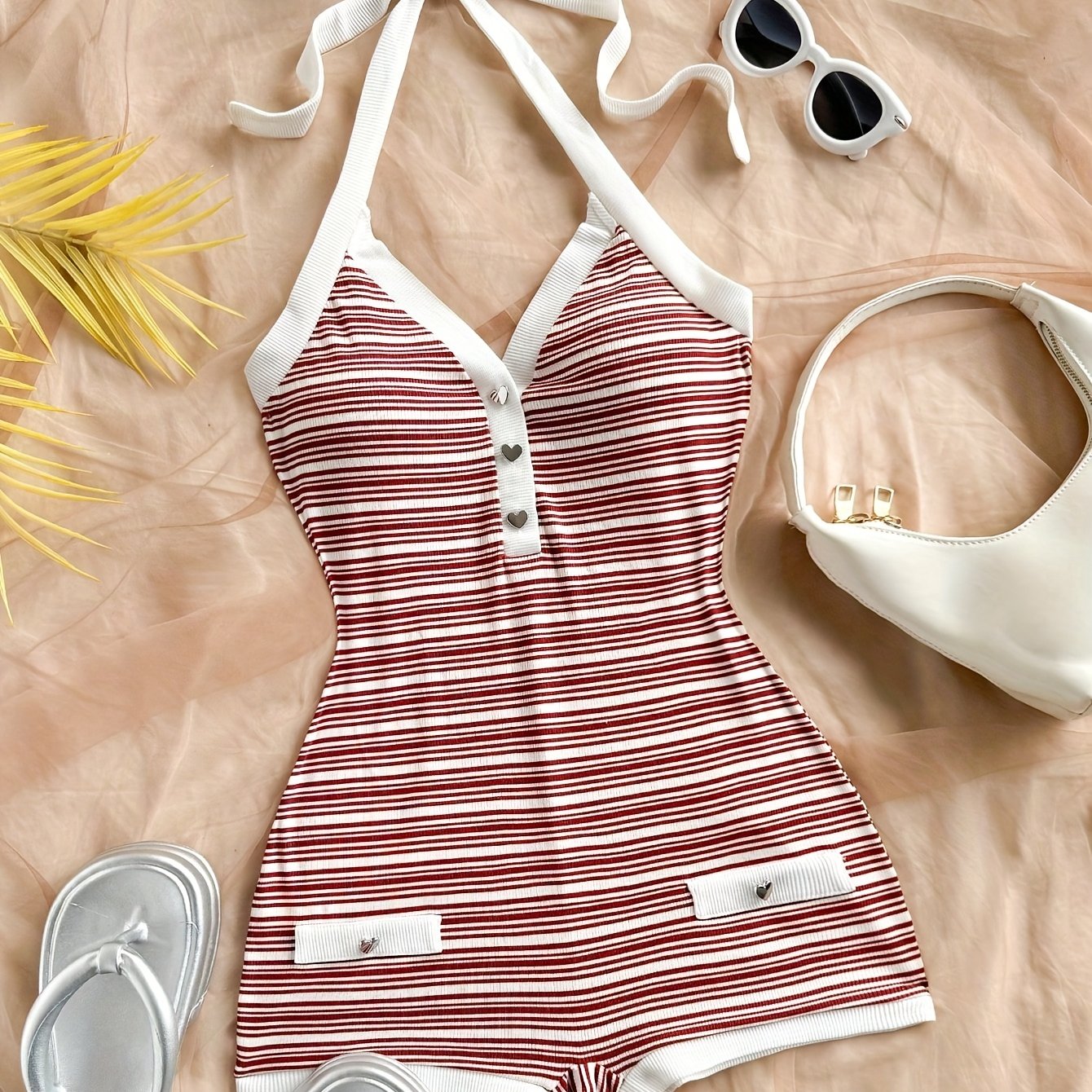TEMU Summer Edition Vintage Red And White Striped Contrast Color Heart Metal Decorated Strappy Jumpsuit