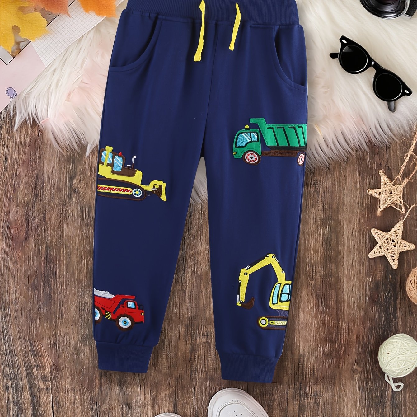 Image of Fashionable Long Pants For Boys Featuring Cartoon Car Appliqué, Made From 100% With Stretch, Equipped With Pockets, Perfect For Autumn Sports Or As A Back-to-school Gift, For Outdoor
