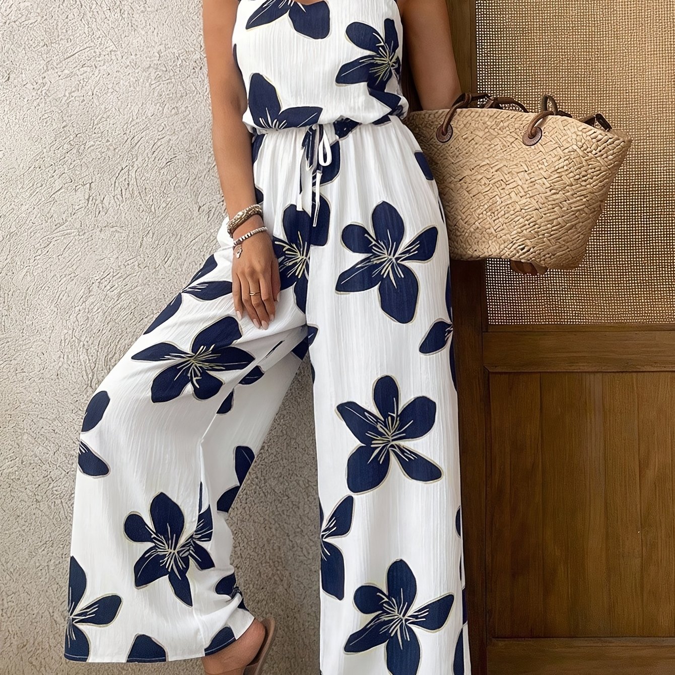 TEMU Plus Size Women's Printed V-neck Jumpsuit | Casual Non-stretch Fabric, Floral Pattern For Spring/summer
