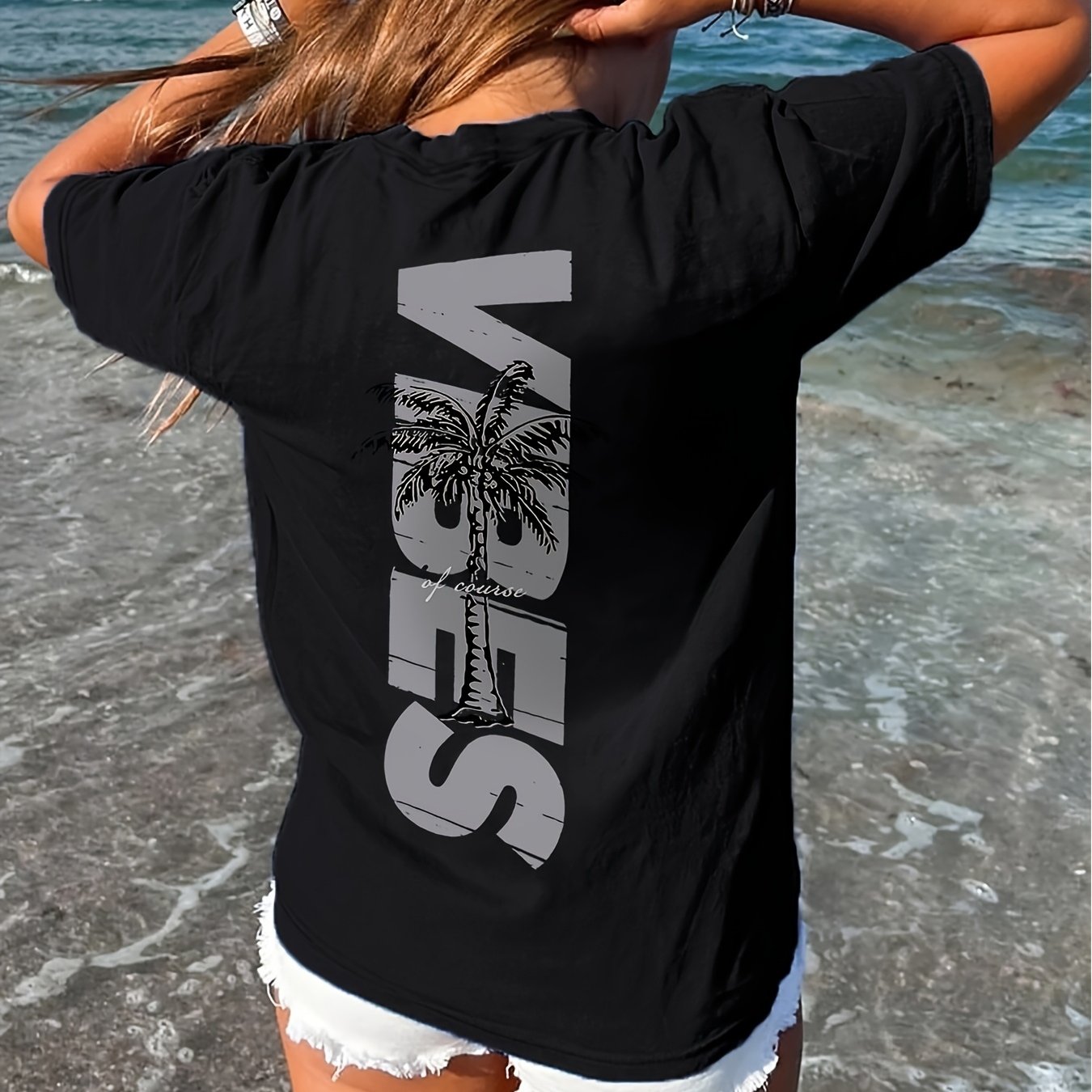 TEMU Women's Loose Round Neck Short Sleeve Summer Casual Palm Tree Print Pink Machine Washable Breathable Fabric Soft Material For Trend