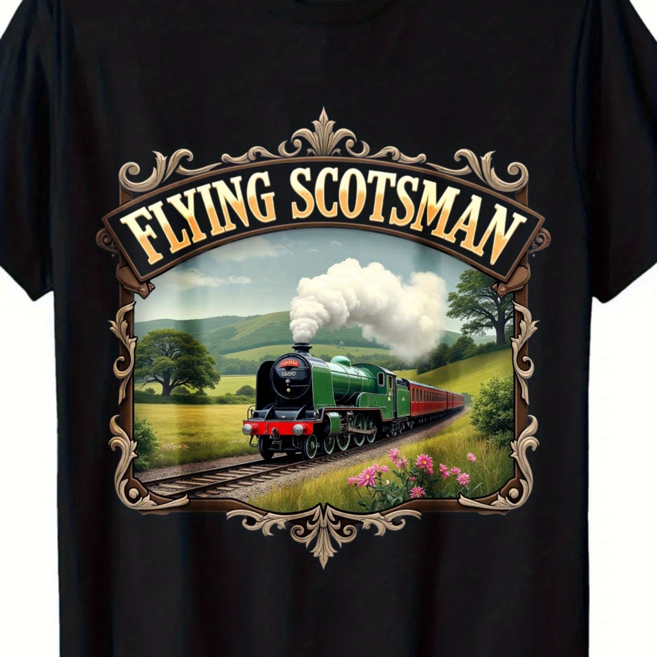 TEMU A Great Option: A Black Short-sleeve T-shirt For Everyone, Showcasing A Vintage Train Design With A Scottish Steam . Ideal For Casual And Trips