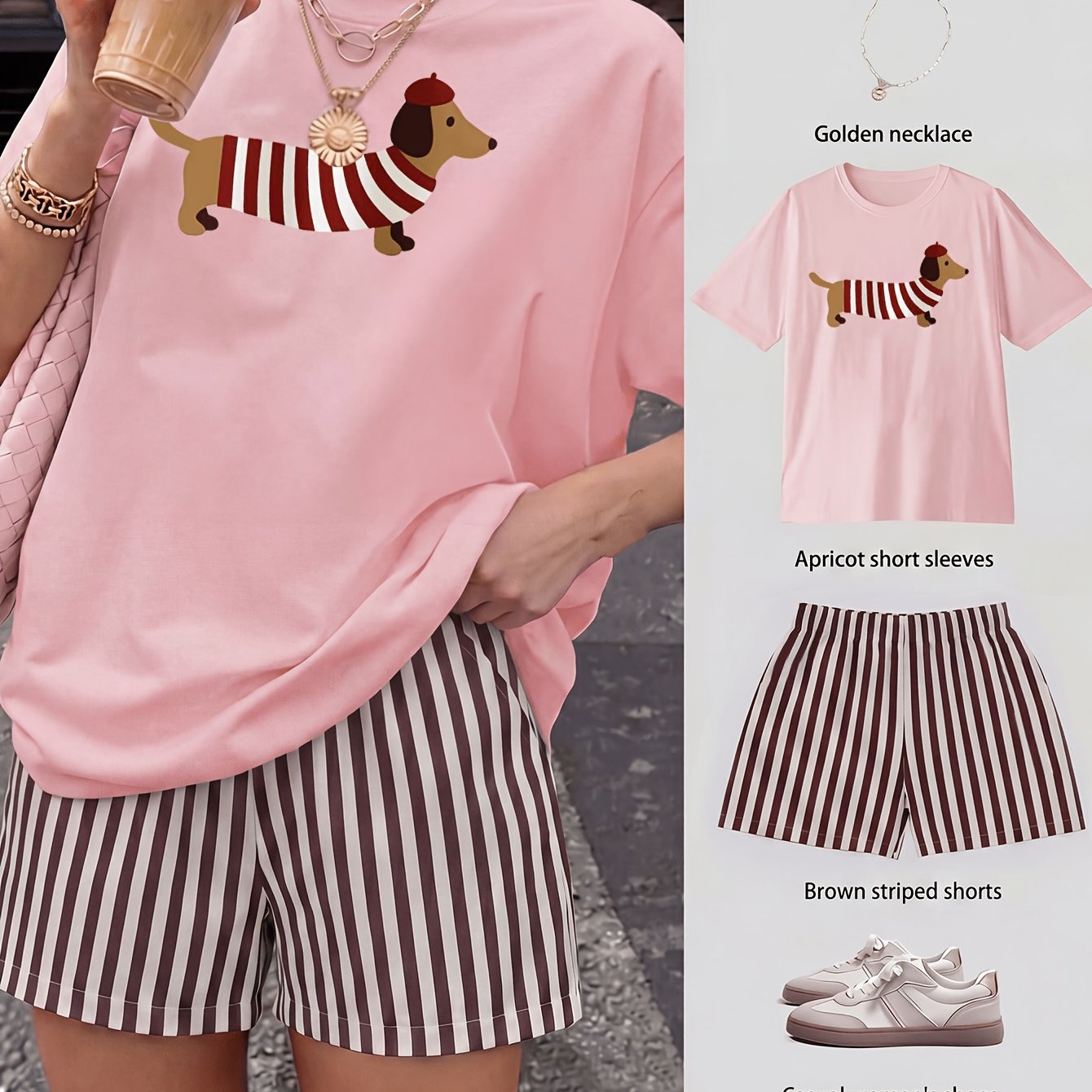 TEMU [summer] Striped Beret Dachshund Cute French Print Design Elegant Casual Fashion Short-sleeved Top Striped Shorts Two-piece Women's Suit
