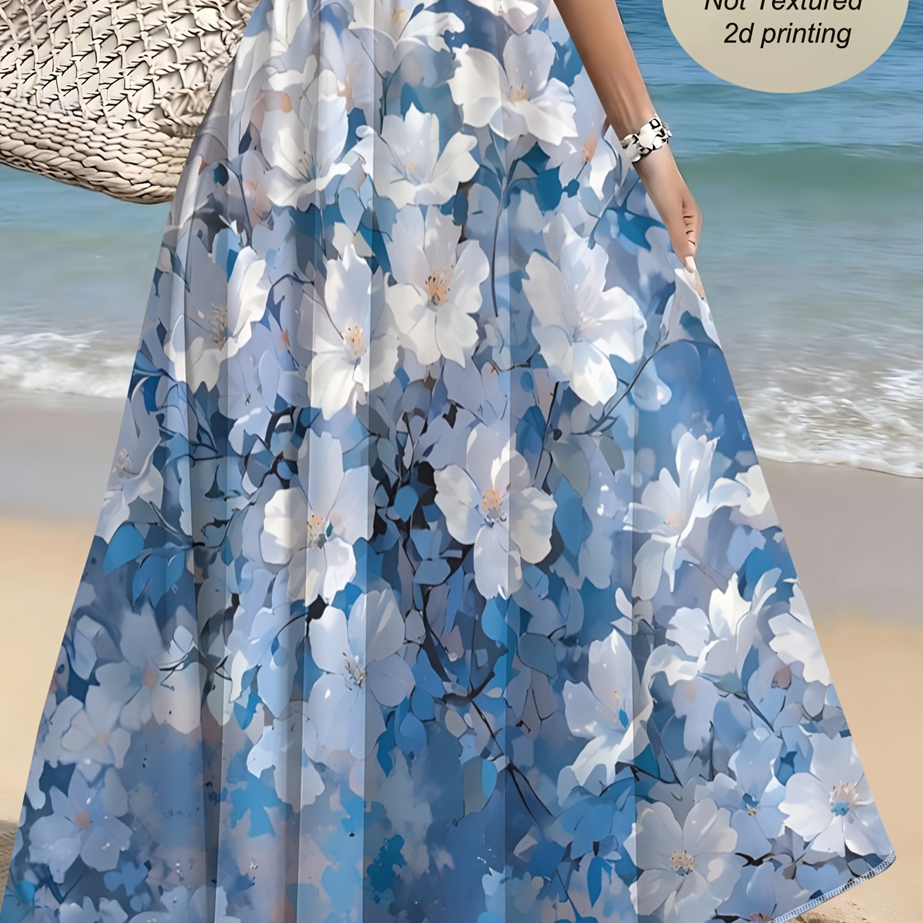 TEMU Blue And White Floral Print Flowy Midi Skirt, Summer Casual