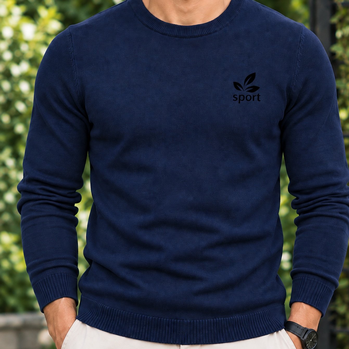 Image of Aw26 Simple Men's Long Sleeve Knitted Sweater Solid Navy Blue Crew Neck Pullover With Leaf Print On The Left Chest For Daily And Casual Wear In Autumn And Winter