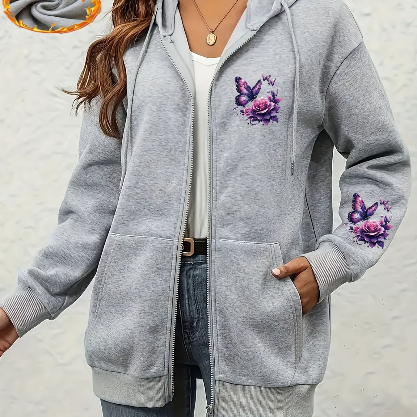 TEMU Women's Casual Zip-up Hoodie, Purple Flower And Print Sweatshirt, Machine Washable With Comfortable Lining, Warm Autumn/winter Sweatshirt, Cute