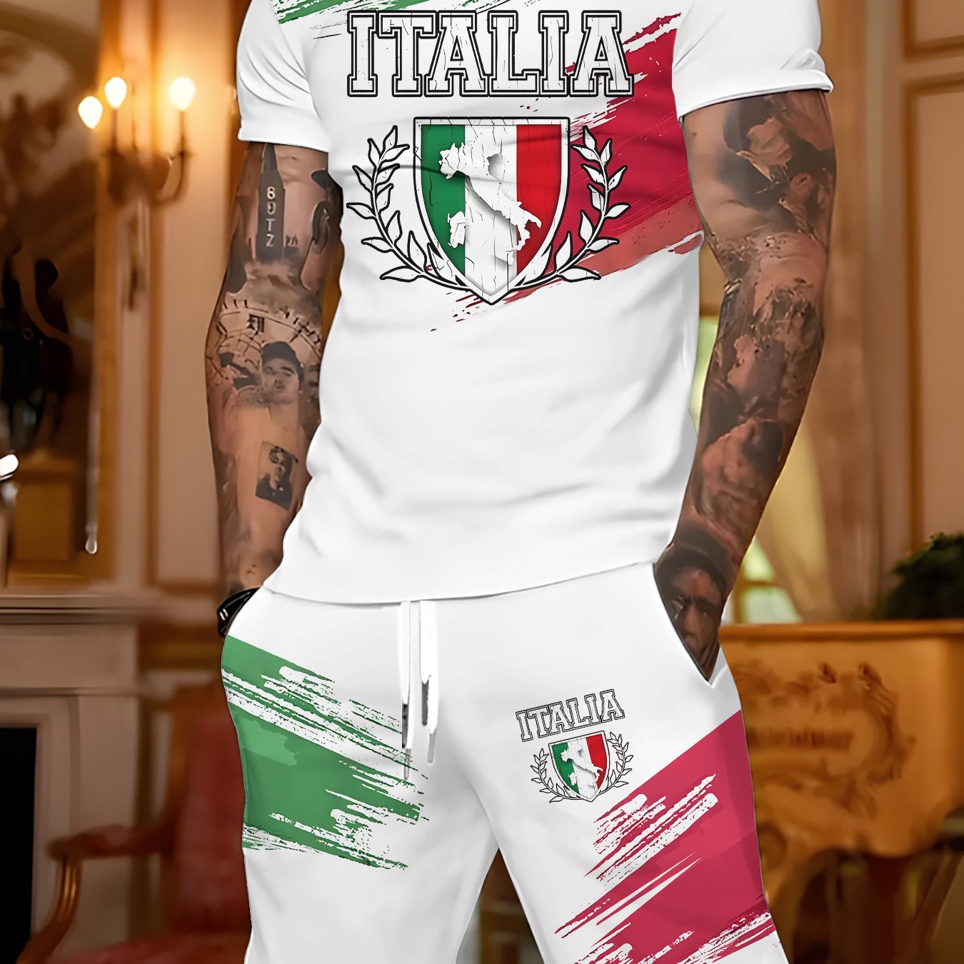 TEMU Ensemble 2 pièces de style italien : haut à manches courtes avec imprimé lettrage ITALIA + short à cordon de serrage