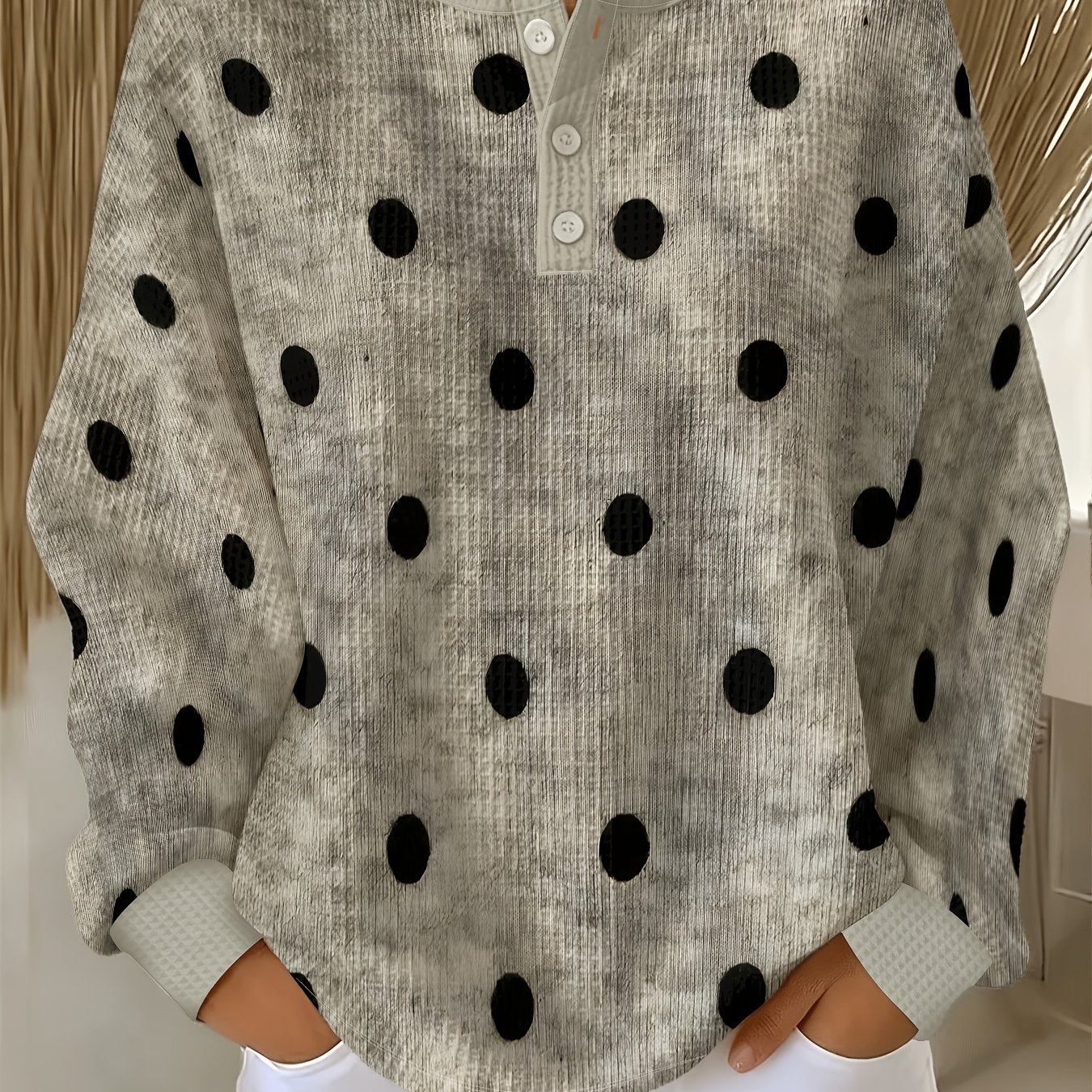 TEMU Plus Size, Plus-size Waffle Sweatshirt, Vintage Gray With Black Polka Dot Print, Stylish Three-button Round Neck Long-sleeve Sweatshirt