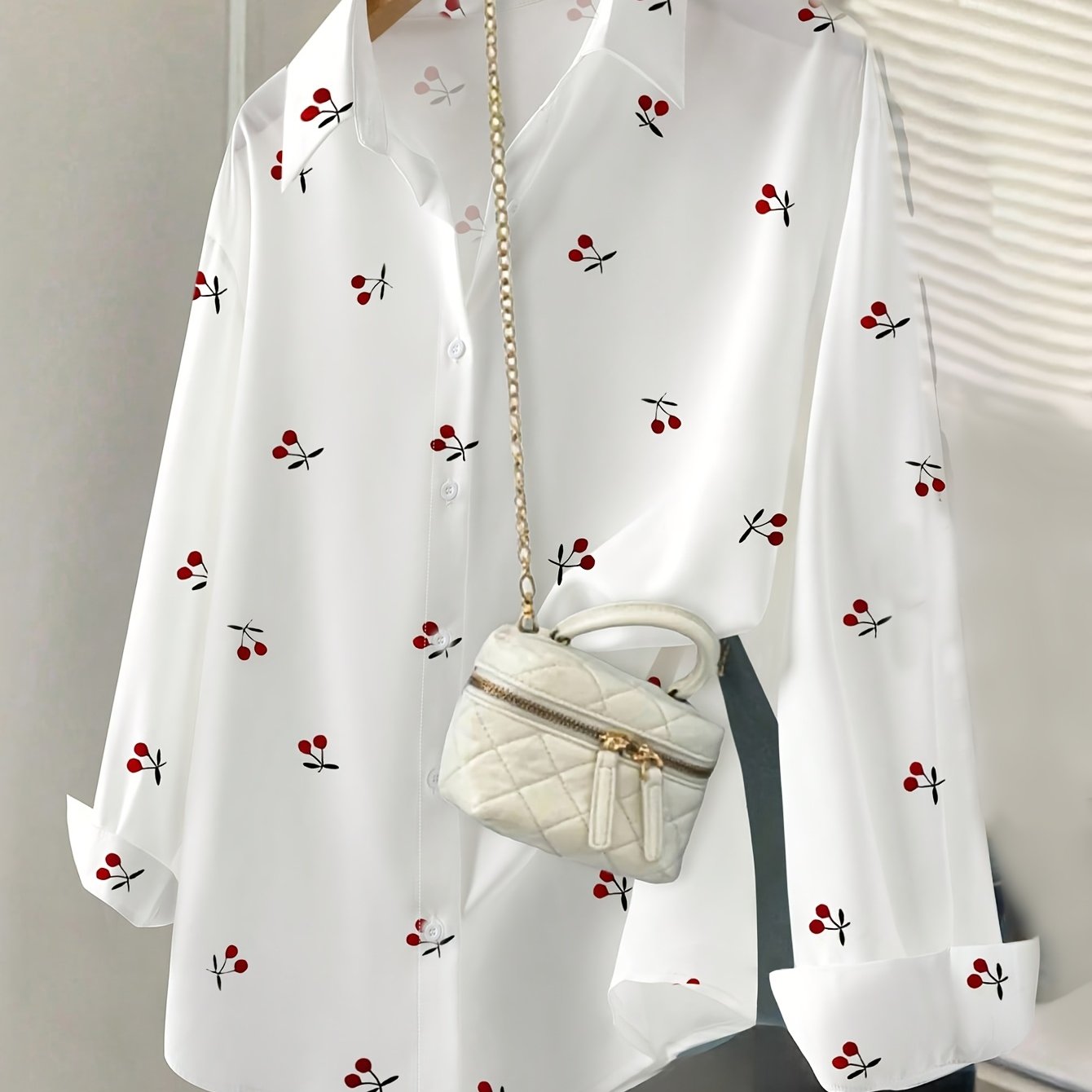 TEMU Women's Cherry Print Shirt, Long Sleeve, , Drop Shoulder, Versatile Top For Spring, Summer, And Autumn