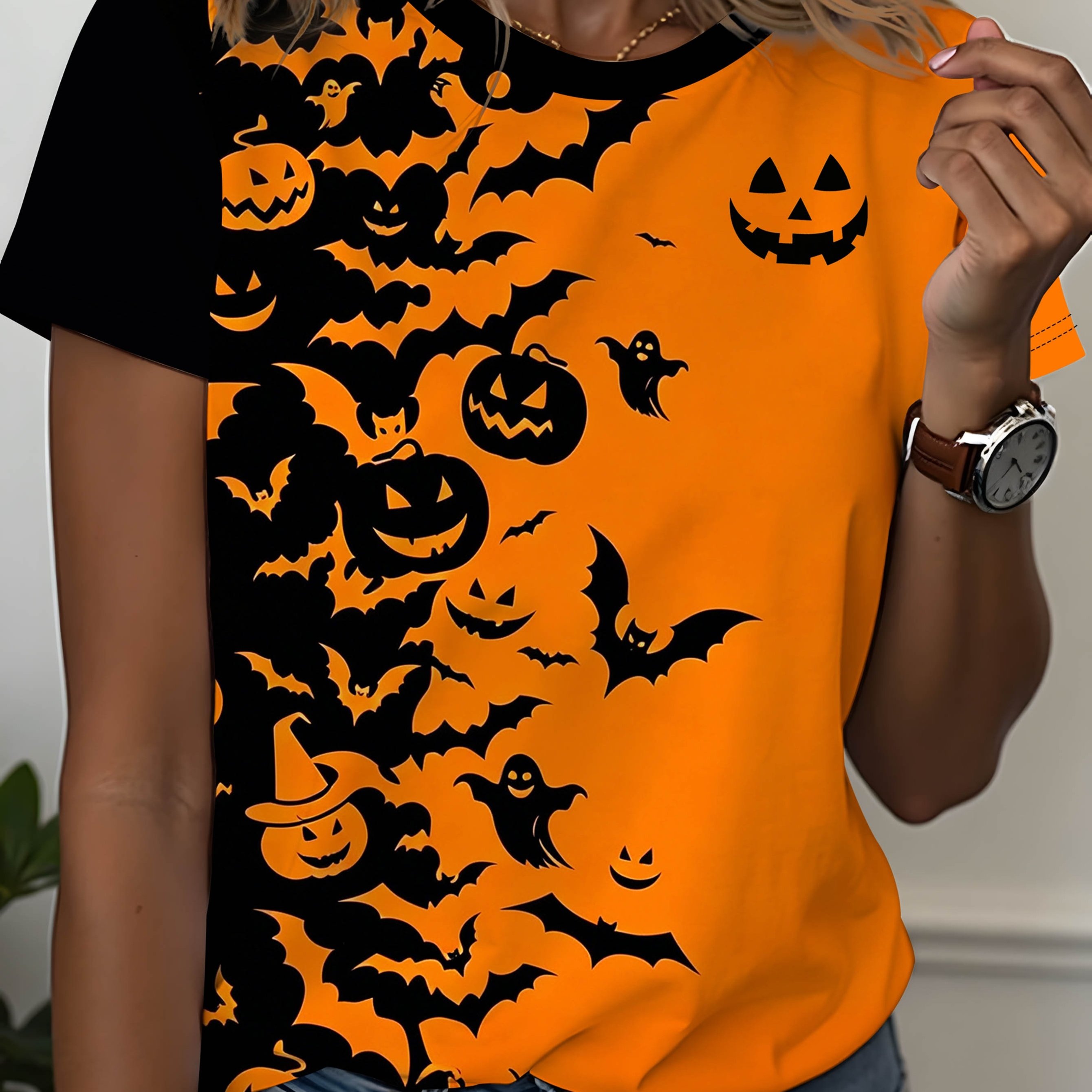 TEMU T-shirt doux et respirant à col rond pour femme - avec bordure noire, à manches courtes et dégradé de noir, convient pour les fêtes d'Halloween,