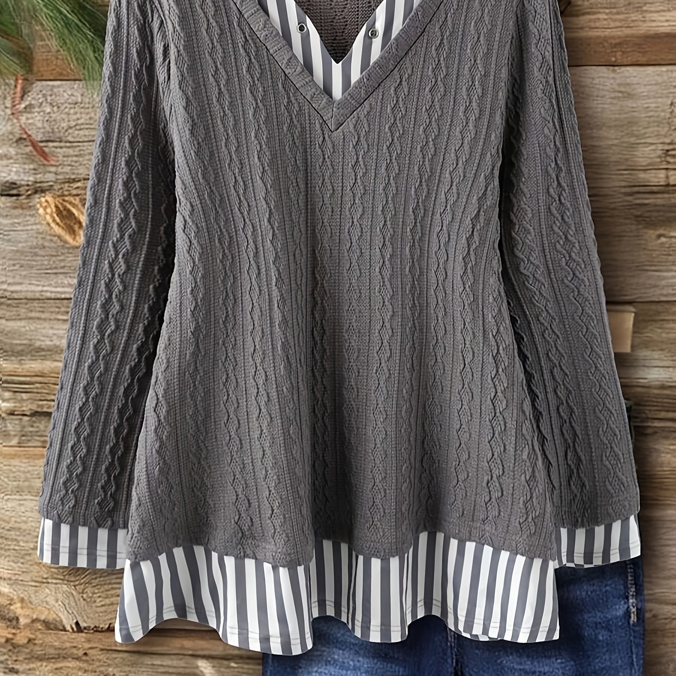 Plus Size, Plus Size Women Striped V-neck Long Sleeve Casual Loose T-shirt