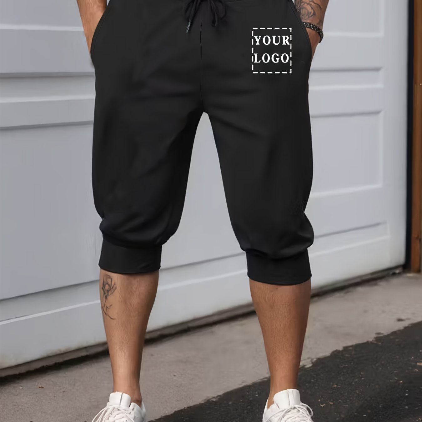 TEMU Men's Customizable Logo Fiber Fabric Mid-length Pants, Stretchy Breathable Material, Drawstring Elastic Waist, Suitable For Streetwear / Fitness