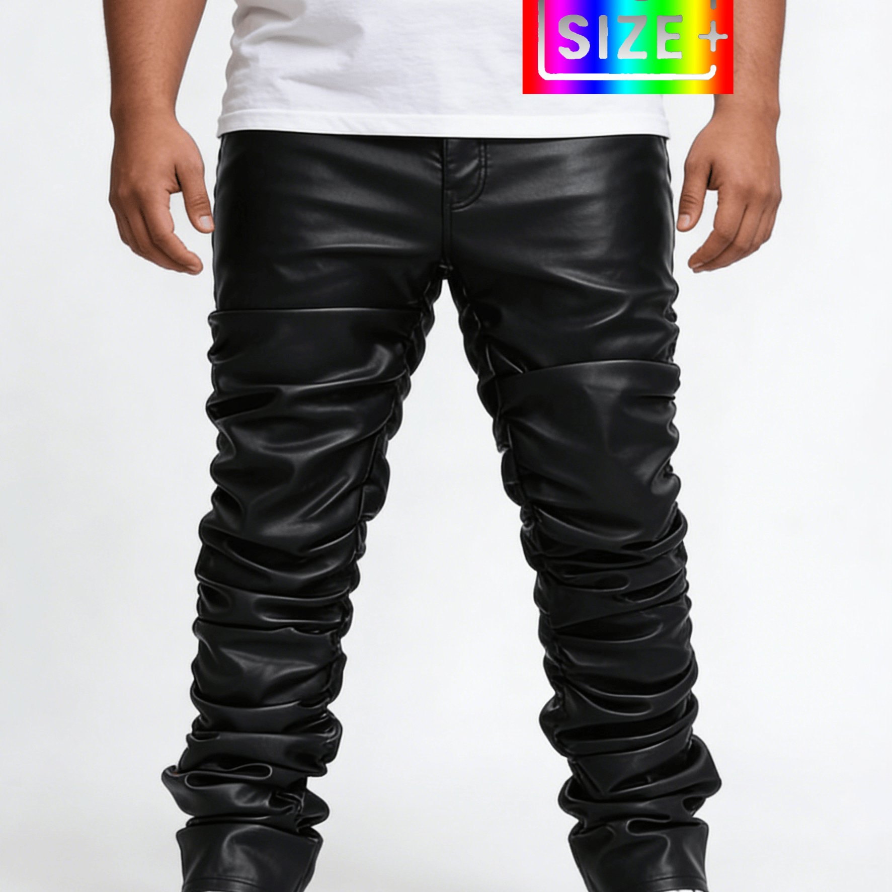 Image of Hme-293 Men's Plus Size Black Stacked Pants Stretch Comfortable Trendy Trousers Straight-leg Relaxed Fit Oversized Pu Casual Leather Pants
