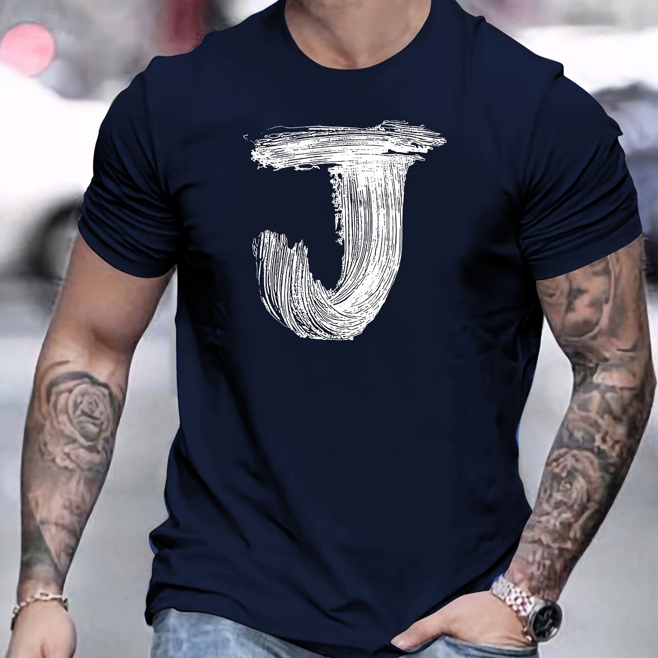 TEMU The Letter J Pattern Simple Print Tee Shirt, Tees For Men, Casual Short Sleeve T-shirt For Summer