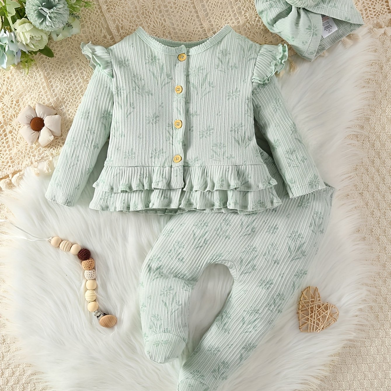 Image of 3pcs Baby Girl Set 0-9 Months Long-sleeve Top Leg-packing Pants Baby Fetal Hat Green Flower Print 0-9 Months Baby Set Suit, For Outdoor
