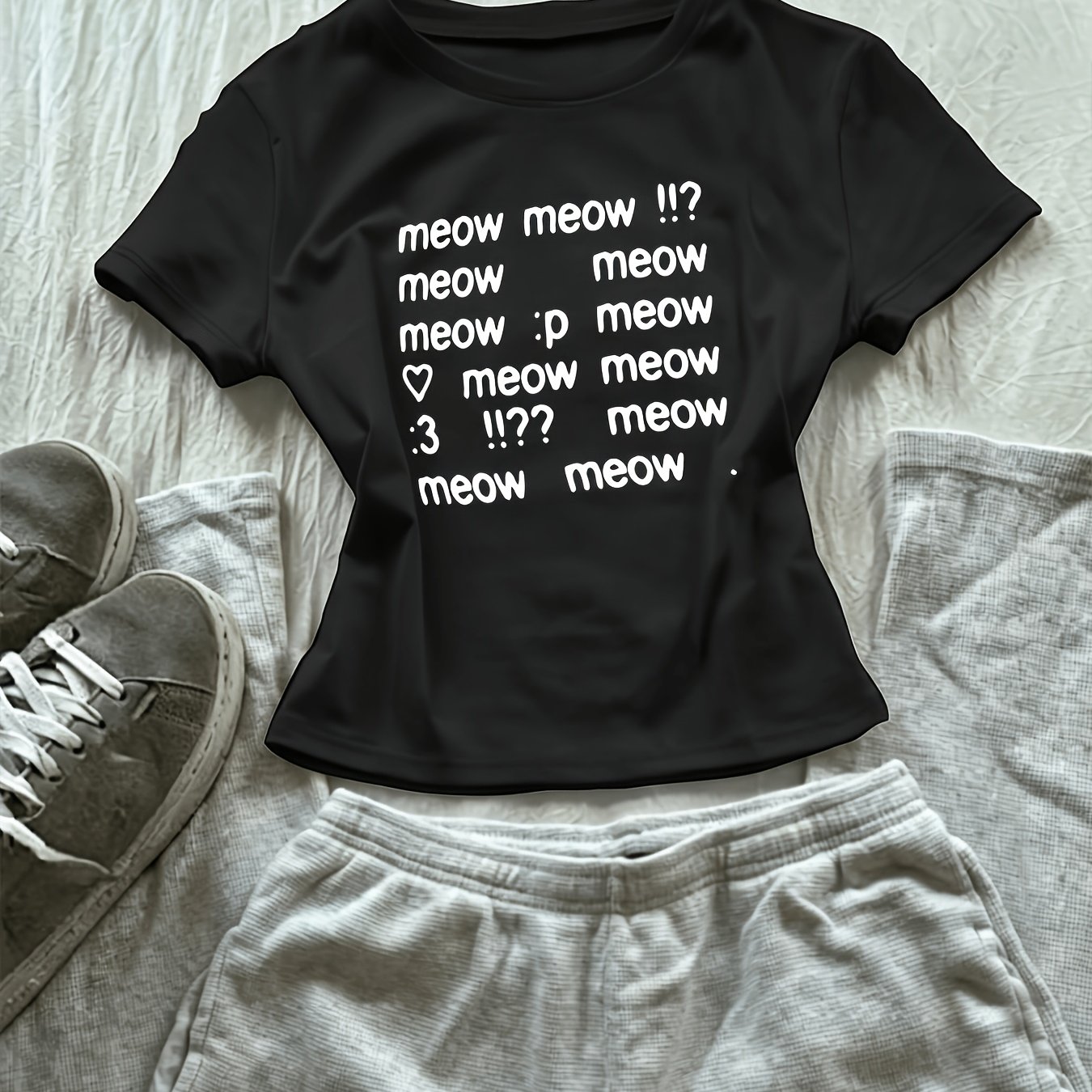 TEMU Funny Cat Lovers Letters Print Round Neck Short Sleeved Shirt With Navel Elasticity, All Season Women's Clothing