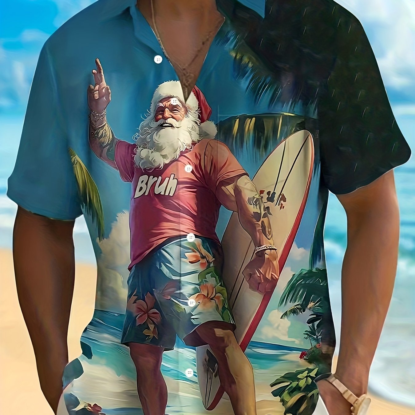 TEMU Men's Surfing Santa Claus Shirt - Tropical Christmas Beach Party Attire Featuring Surfing Santa And Surfboard Designs - Hawaiian - Short-sleeve