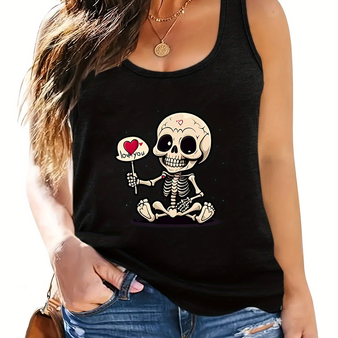 Image of Black Casual Fashion Top For Women With A Cartoon Skull Print And Off-shoulder Design