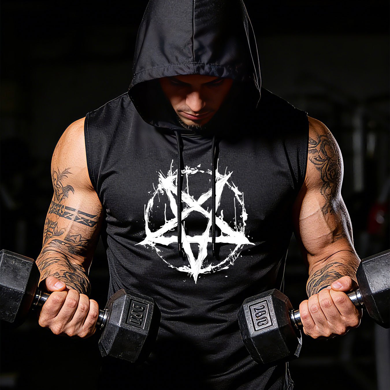 TEMU Men's Fashion Sport Hooded Vest With Large Front Dark Pentagram Print, Style, Daily Streetwear, Gift For Trend Lovers, 's Day Gift, Easter Gift,