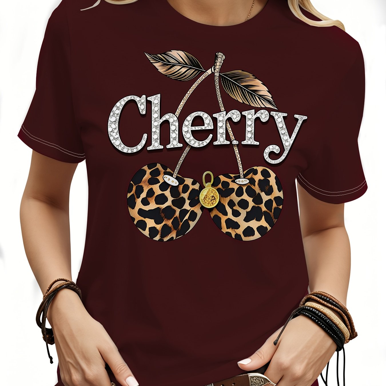 TEMU Women's Vintage Full-body Leopard & Cherry Print T-shirt - Short Sleeve Round Neck -compatible Tee Suitable For Summer Casual Daily Wear, Hand